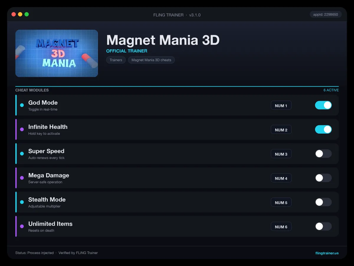 Magnet Mania 3D Trainer interface