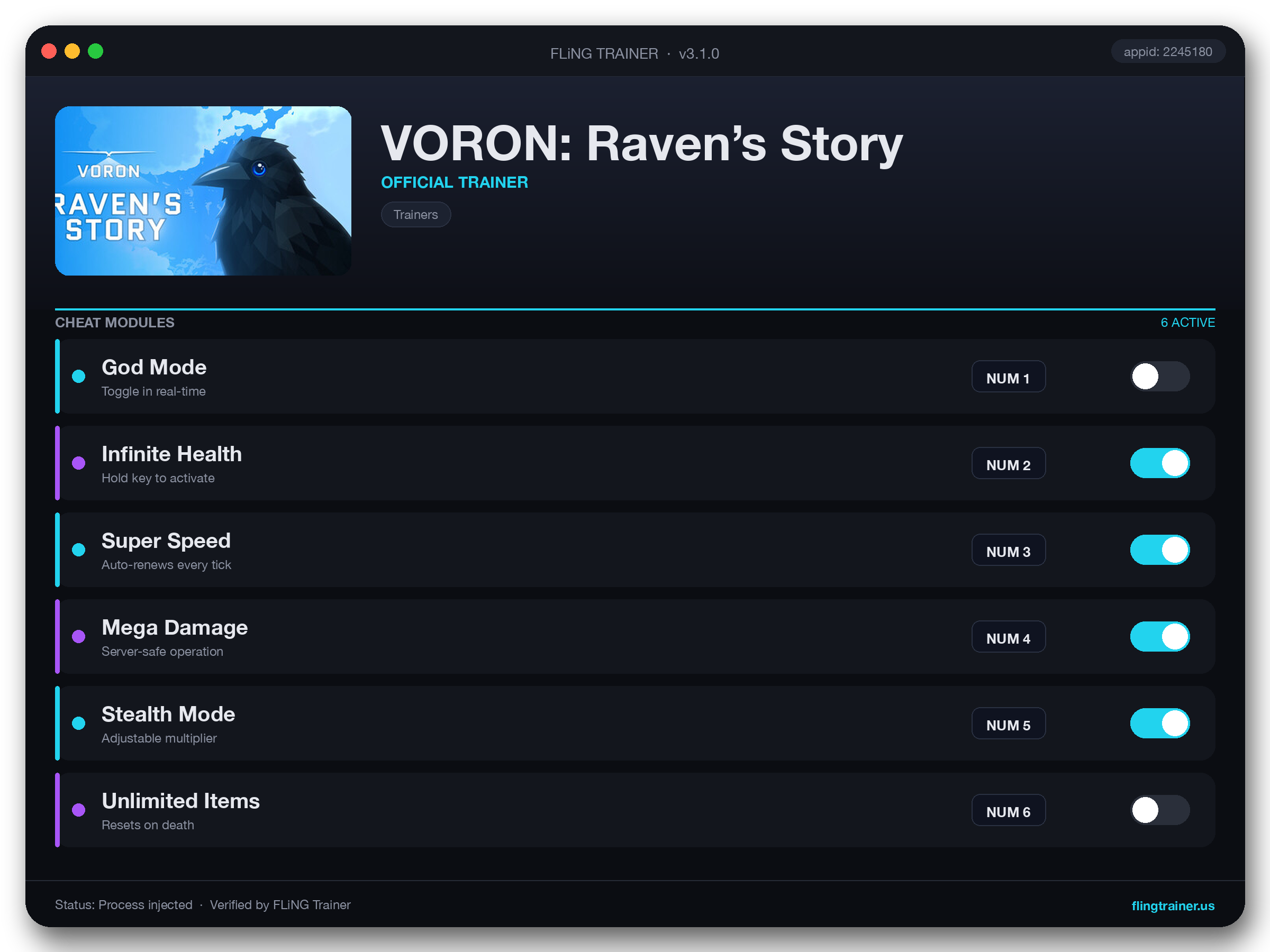VORON: Raven’s Story Trainer interface