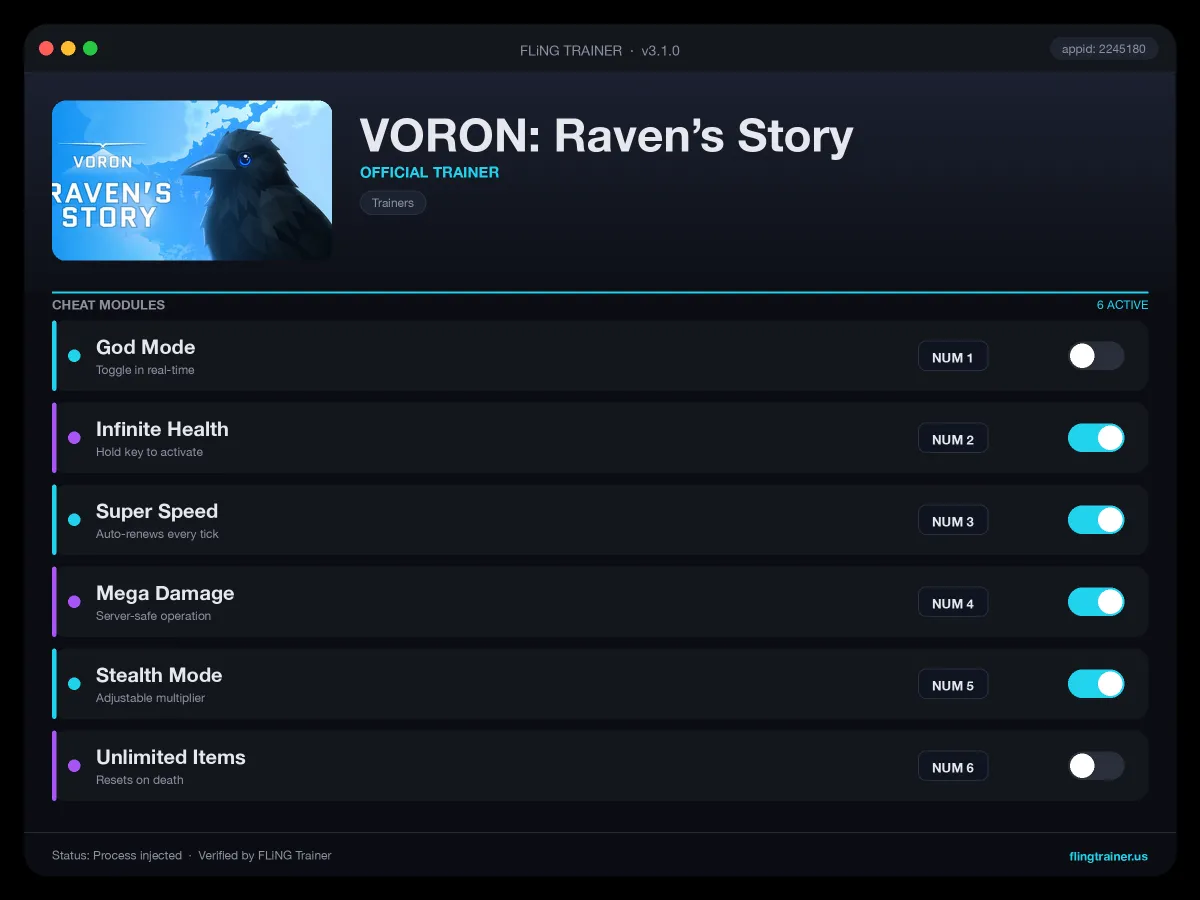 VORON: Raven’s Story Trainer interface