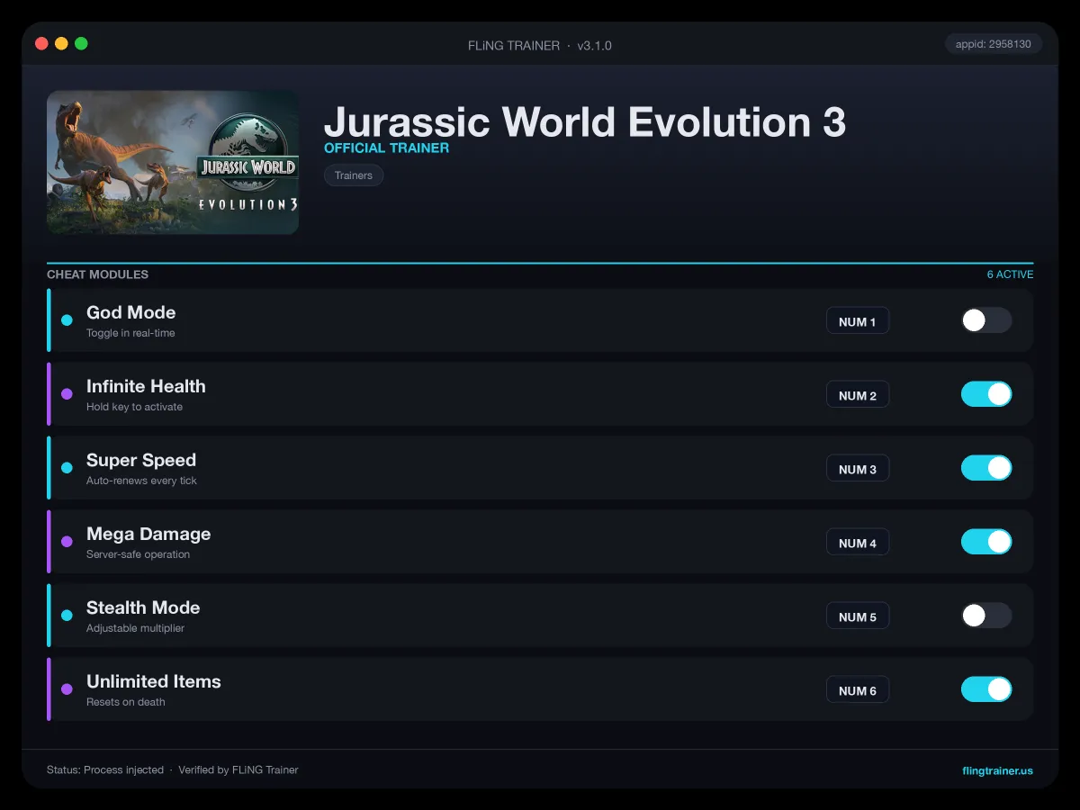 Jurassic World Evolution 3 Trainer interface
