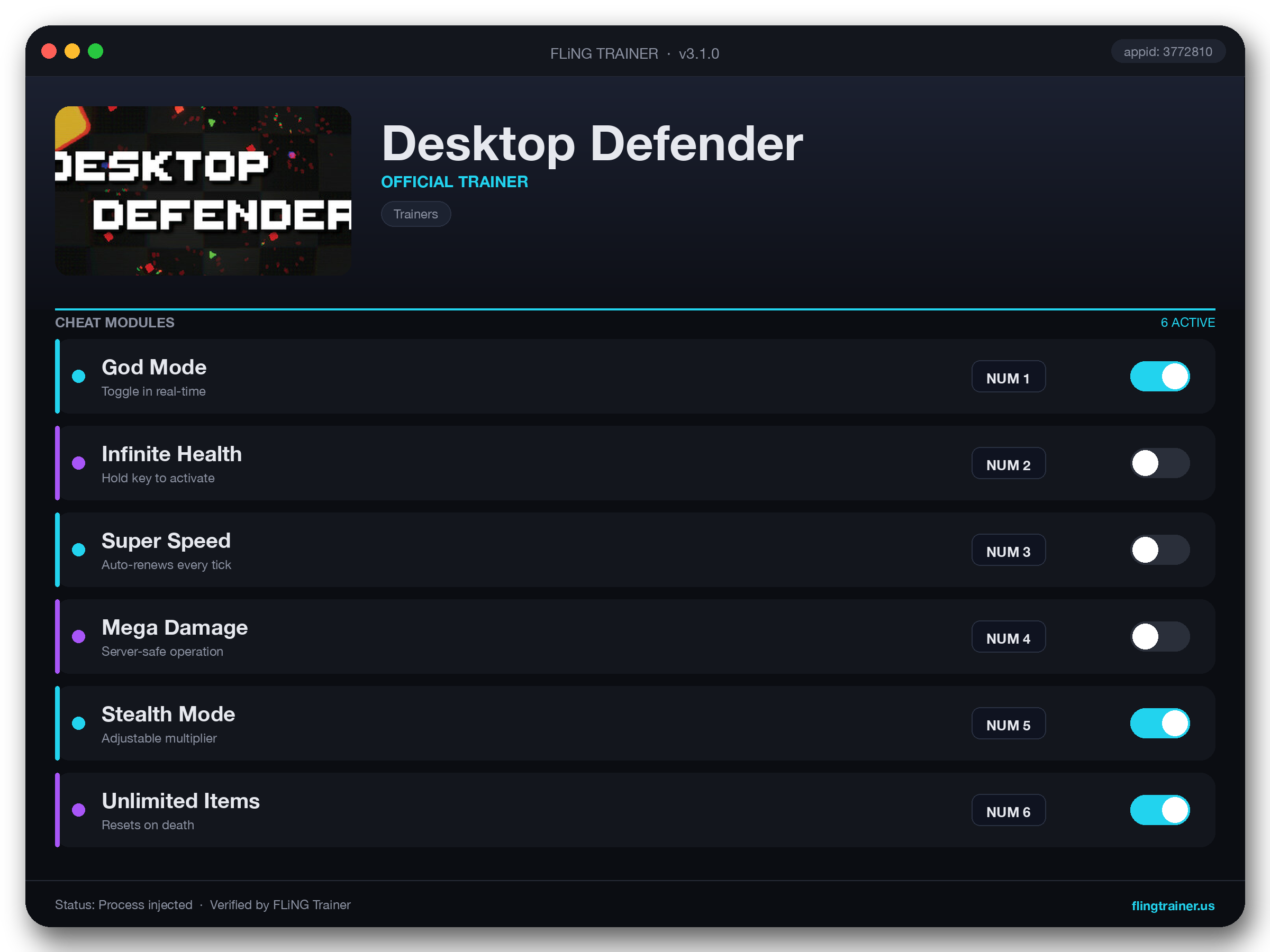 Desktop Defender Trainer interface