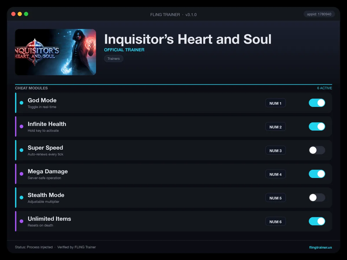 Inquisitor’s Heart and Soul Trainer interface