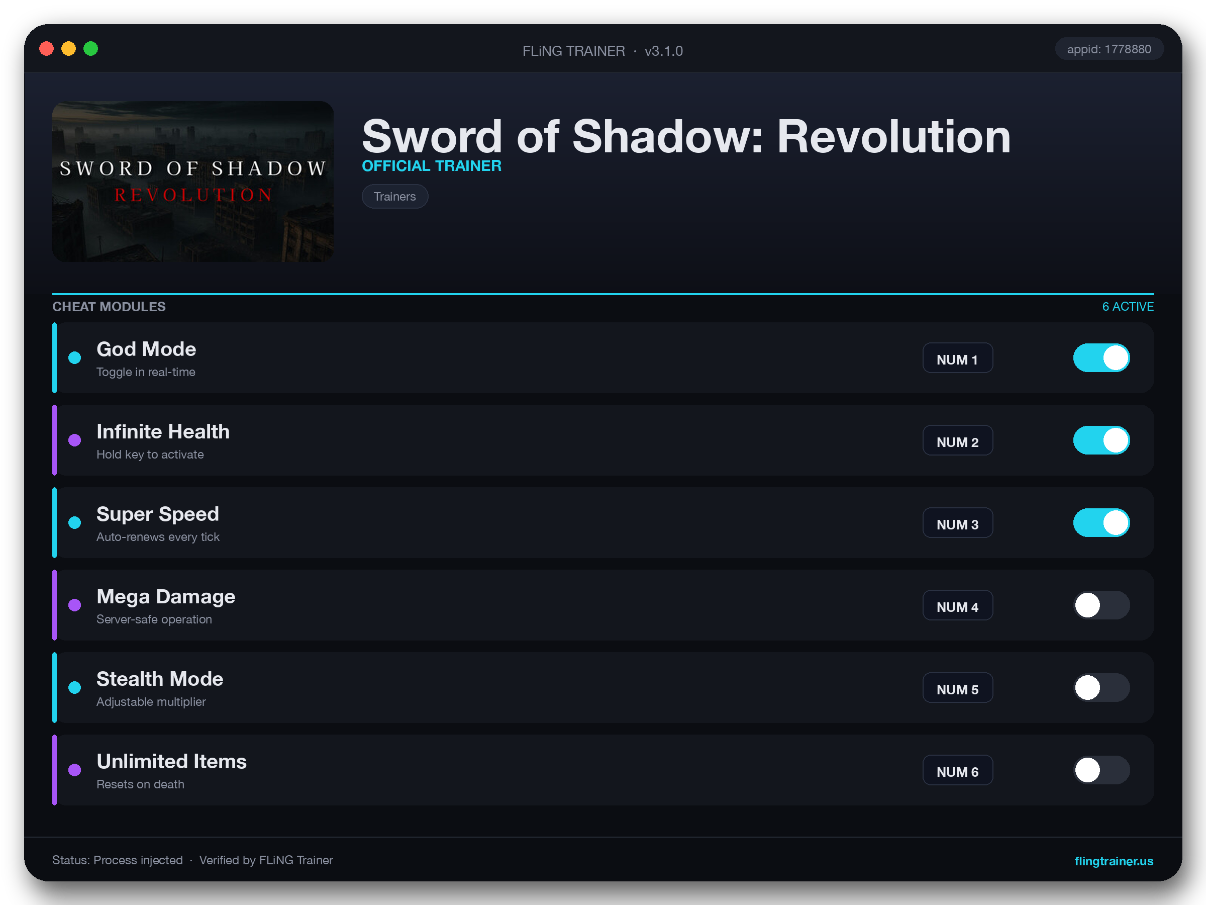 Sword of Shadow: Revolution Trainer interface