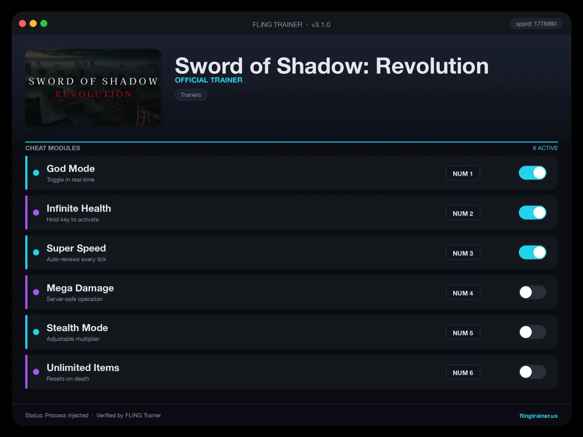 Sword of Shadow: Revolution Trainer interface