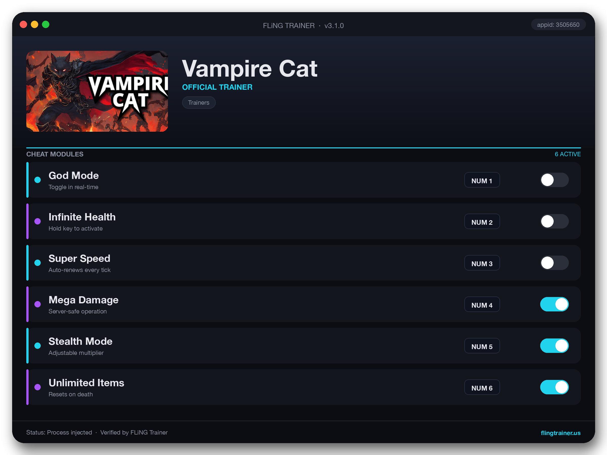Vampire Cat Trainer interface