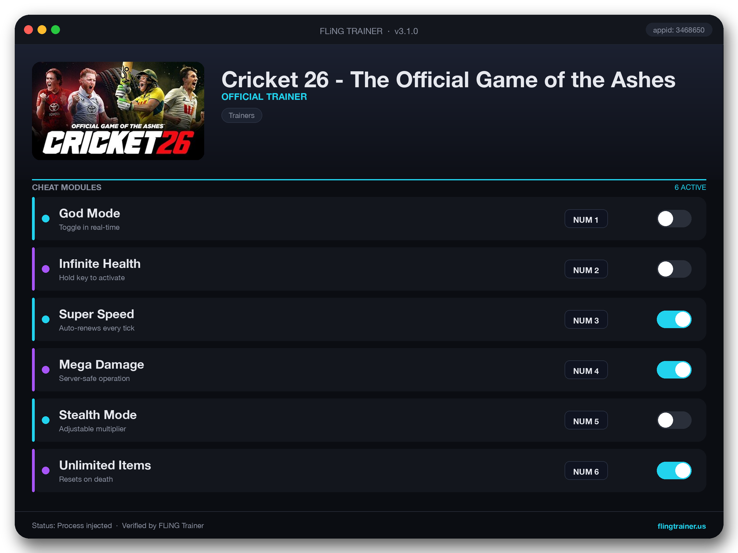 Cricket 26 - The Official Game of the Ashes Trainer interface