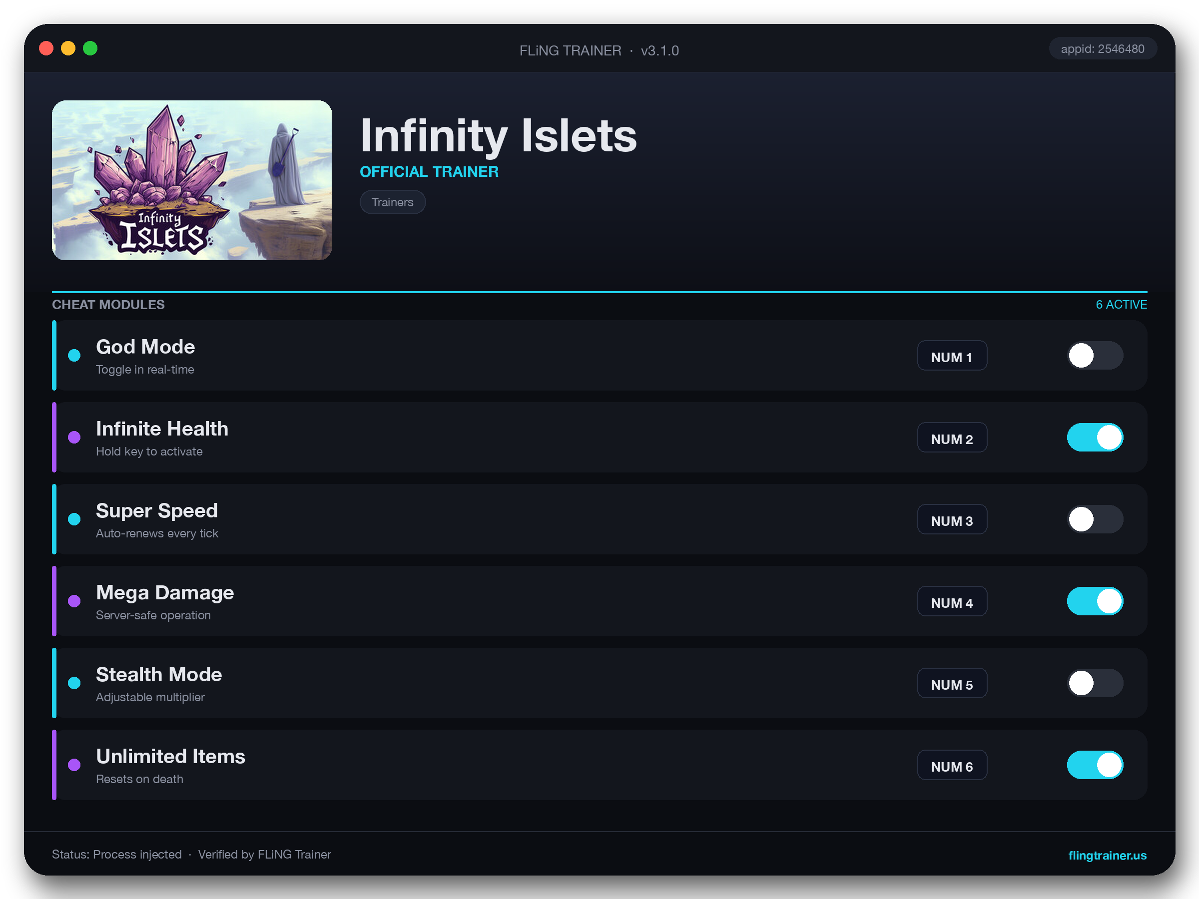 Infinity Islets Trainer interface