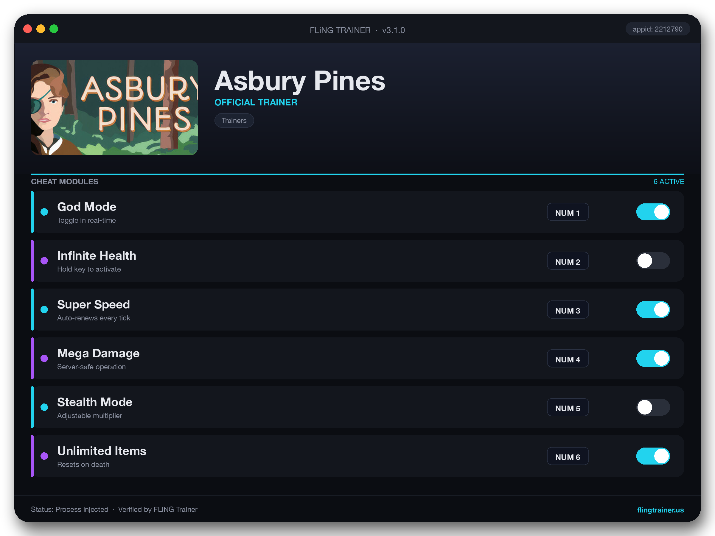 Asbury Pines Trainer interface