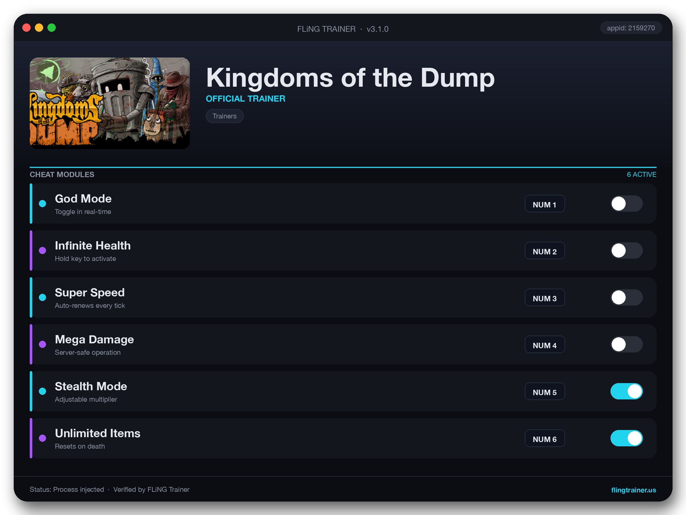 Kingdoms of the Dump Trainer interface