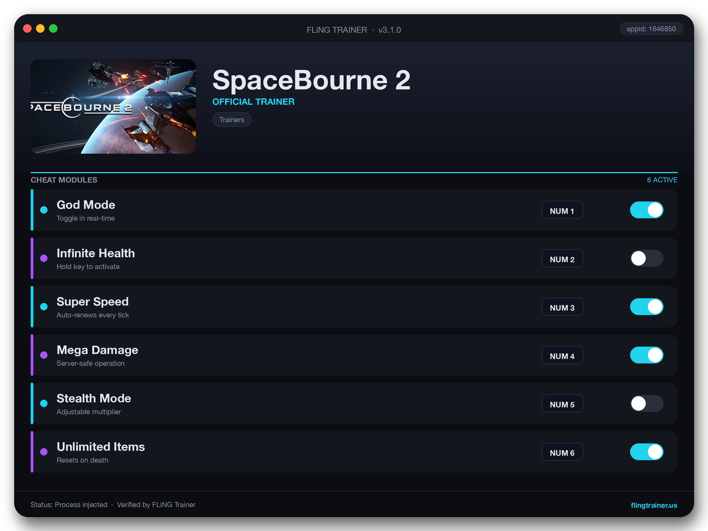 SpaceBourne 2 Trainer interface