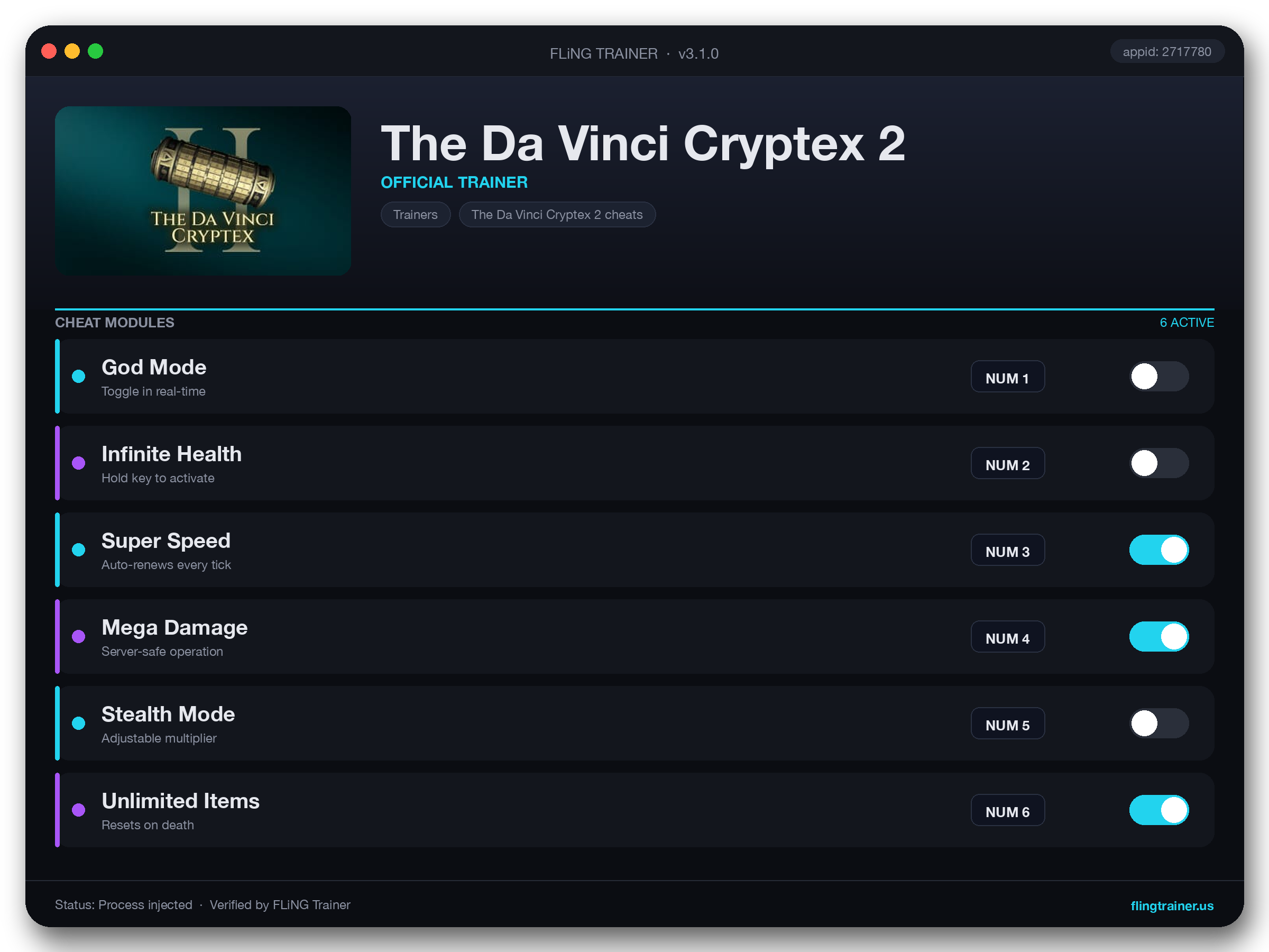 The Da Vinci Cryptex 2 Trainer interface