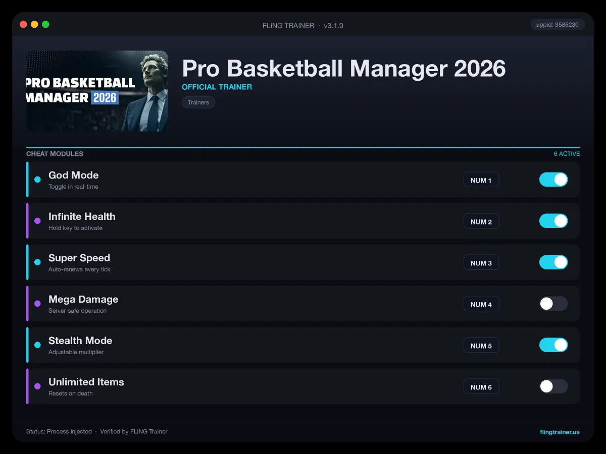 Pro Basketball Manager 2026 Trainer interface