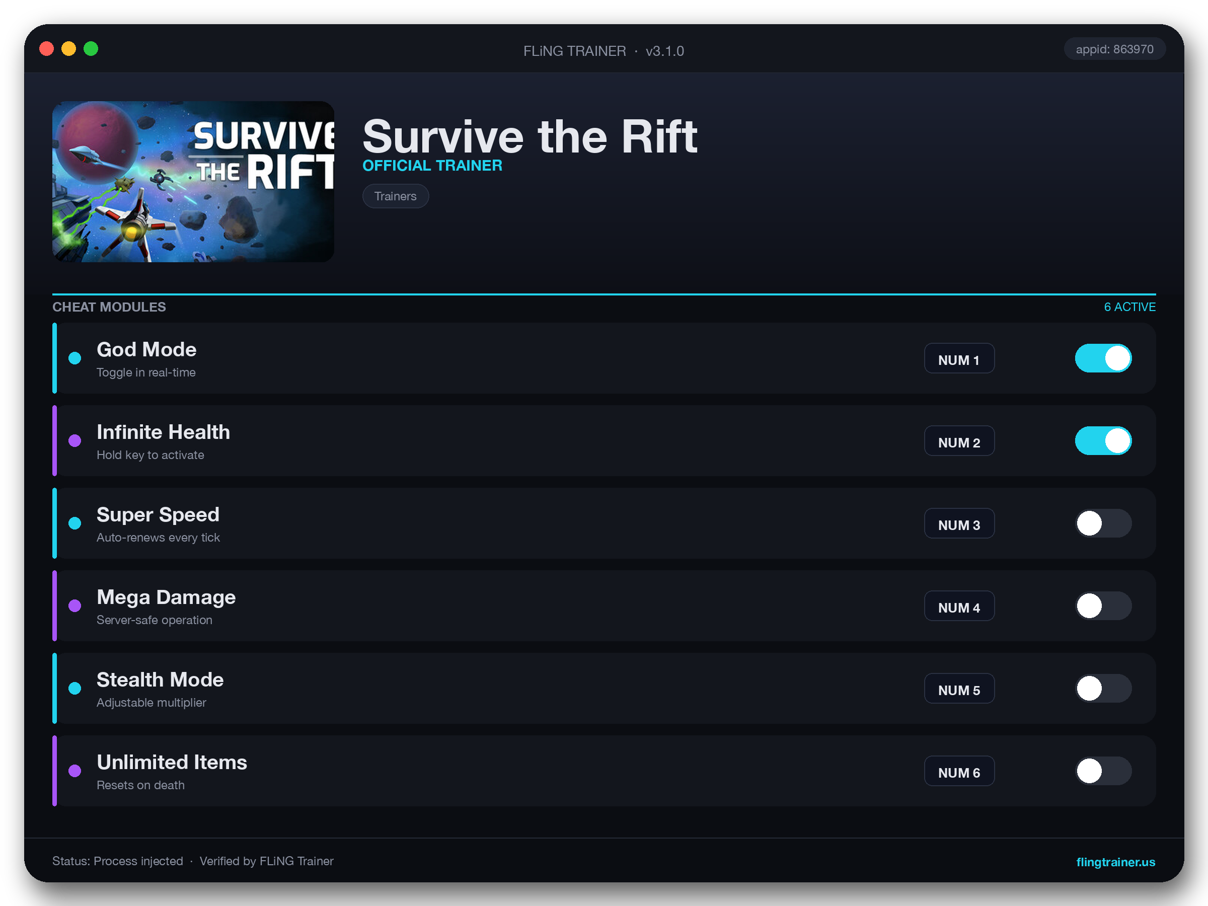 Survive the Rift Trainer interface