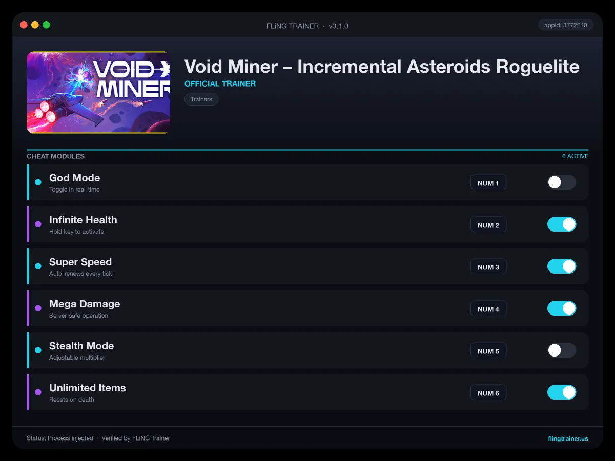 Void Miner – Incremental Asteroids Roguelite Trainer interface