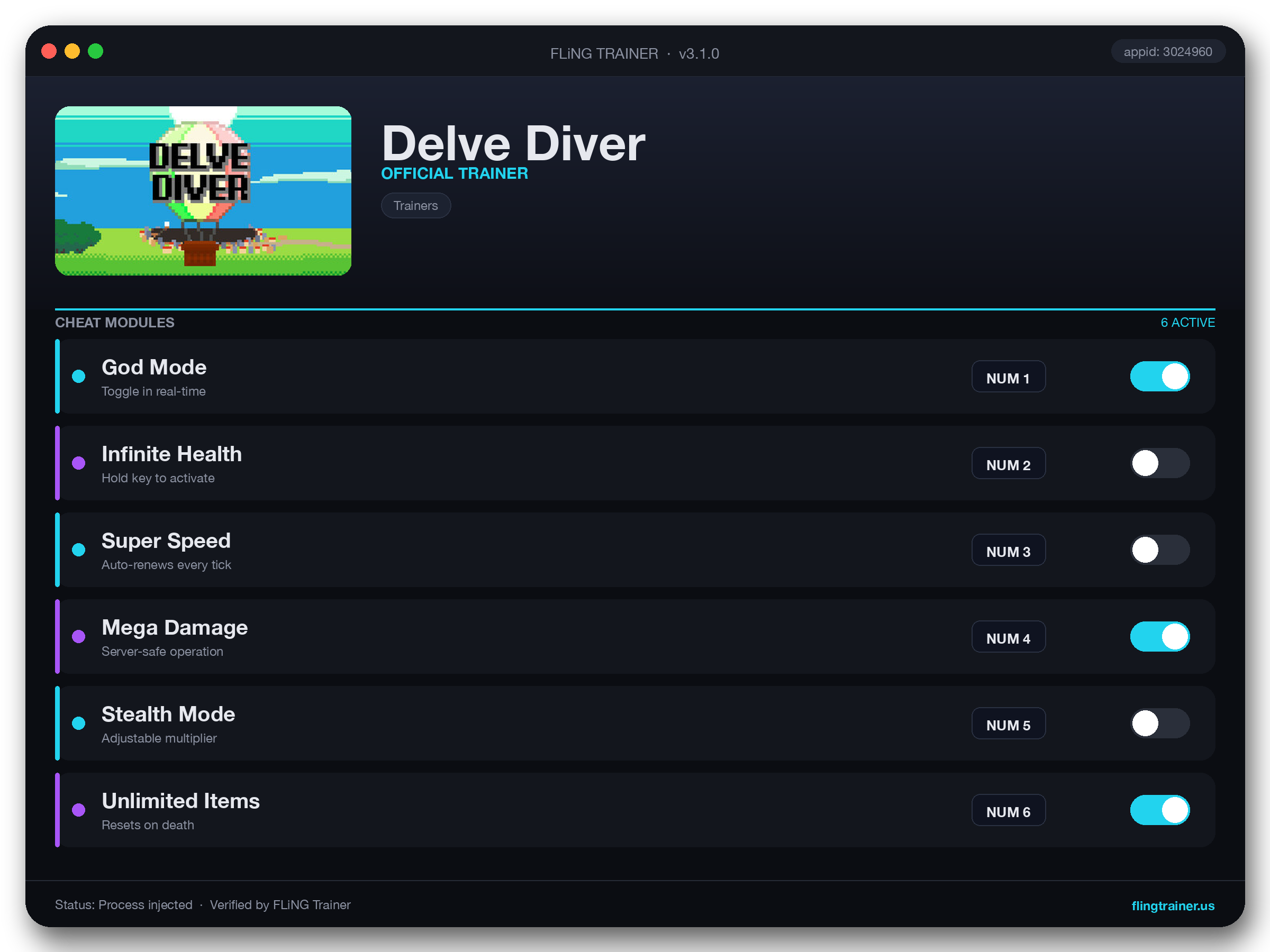 Delve Diver Trainer interface