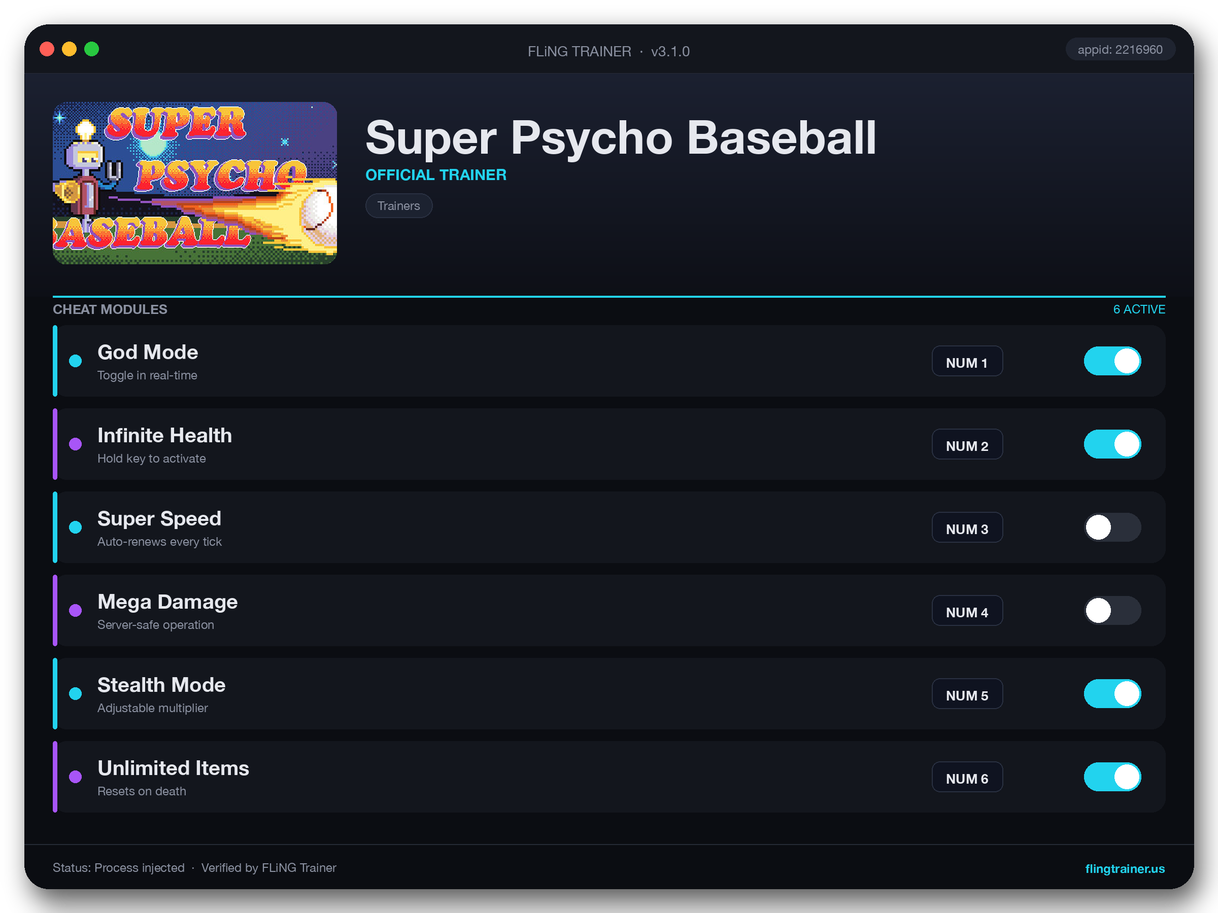 Super Psycho Baseball Trainer interface
