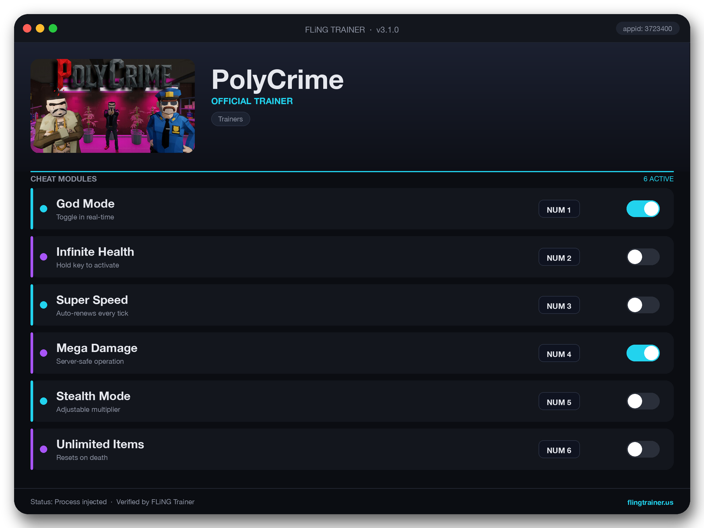 PolyCrime Trainer interface
