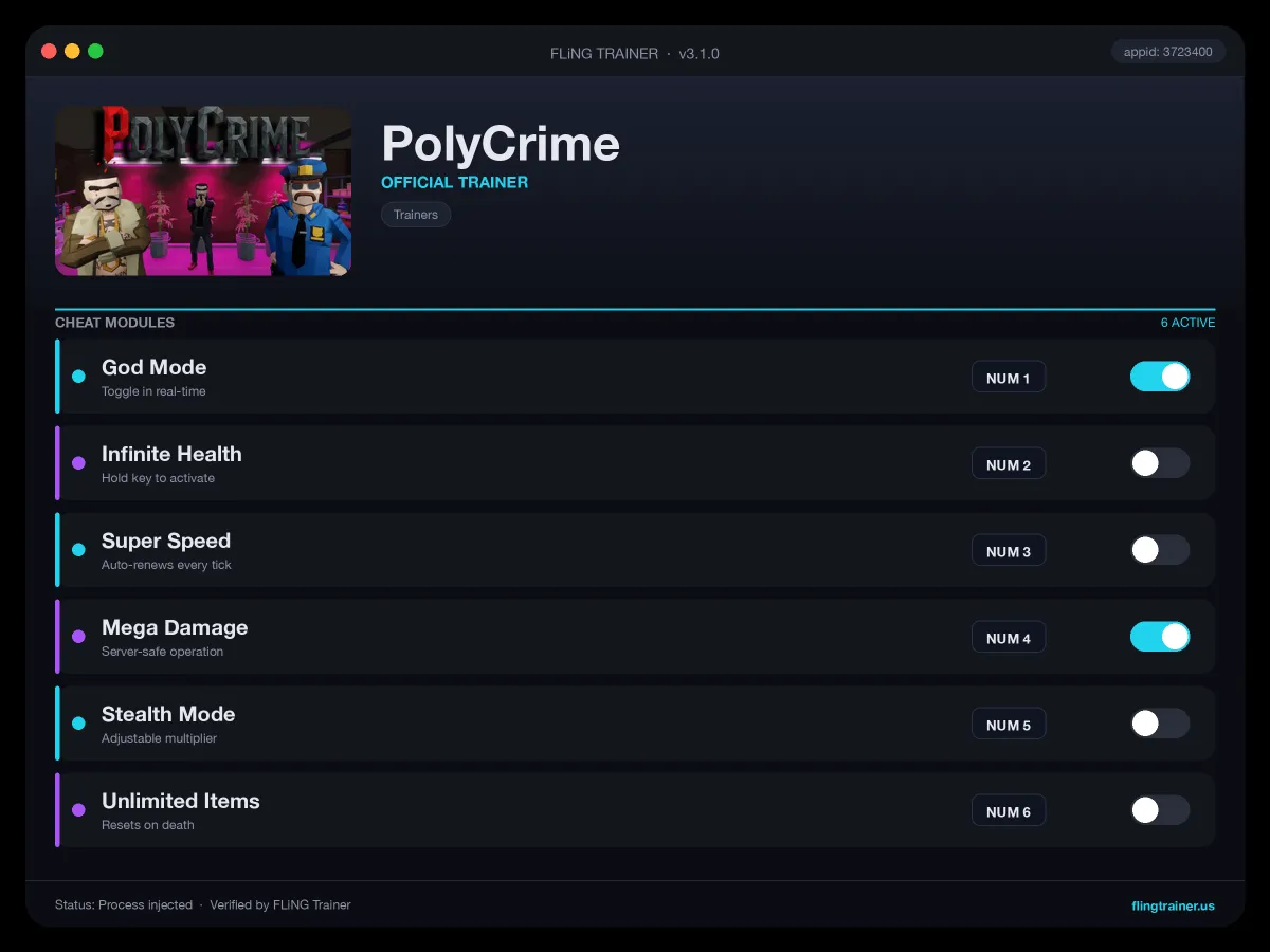 PolyCrime Trainer interface