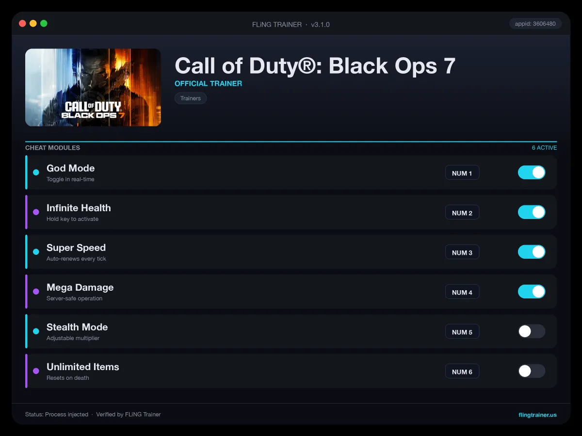 Call of Duty®: Black Ops 7 Trainer interface