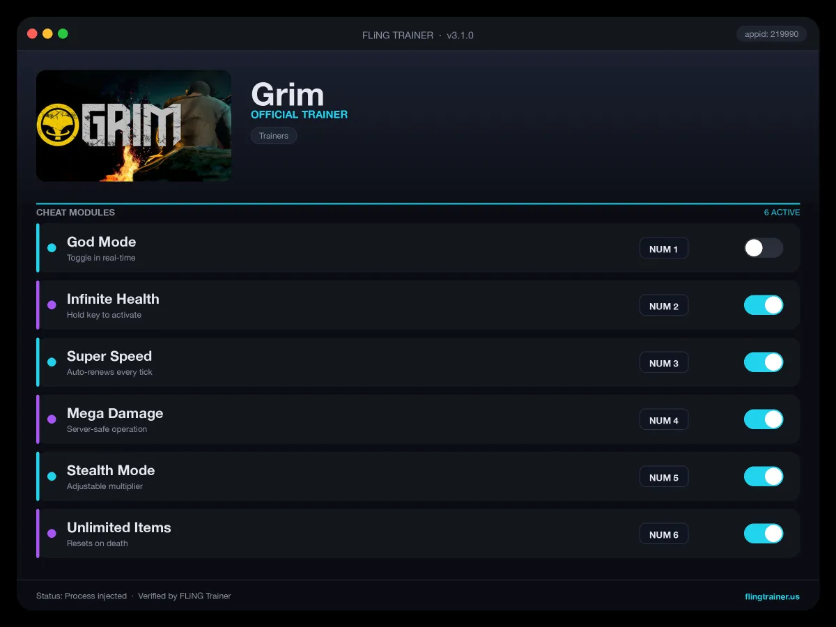 Grim Trainer interface
