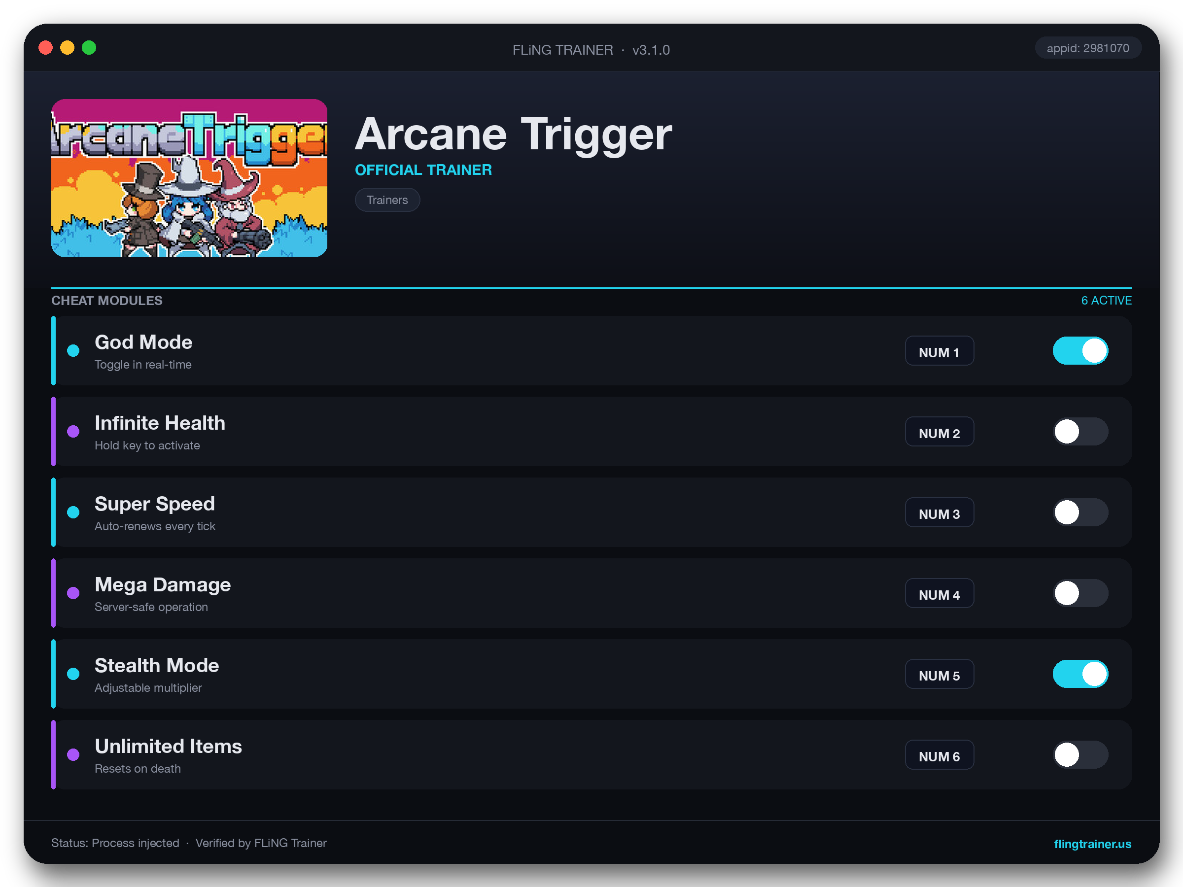 Arcane Trigger Trainer interface