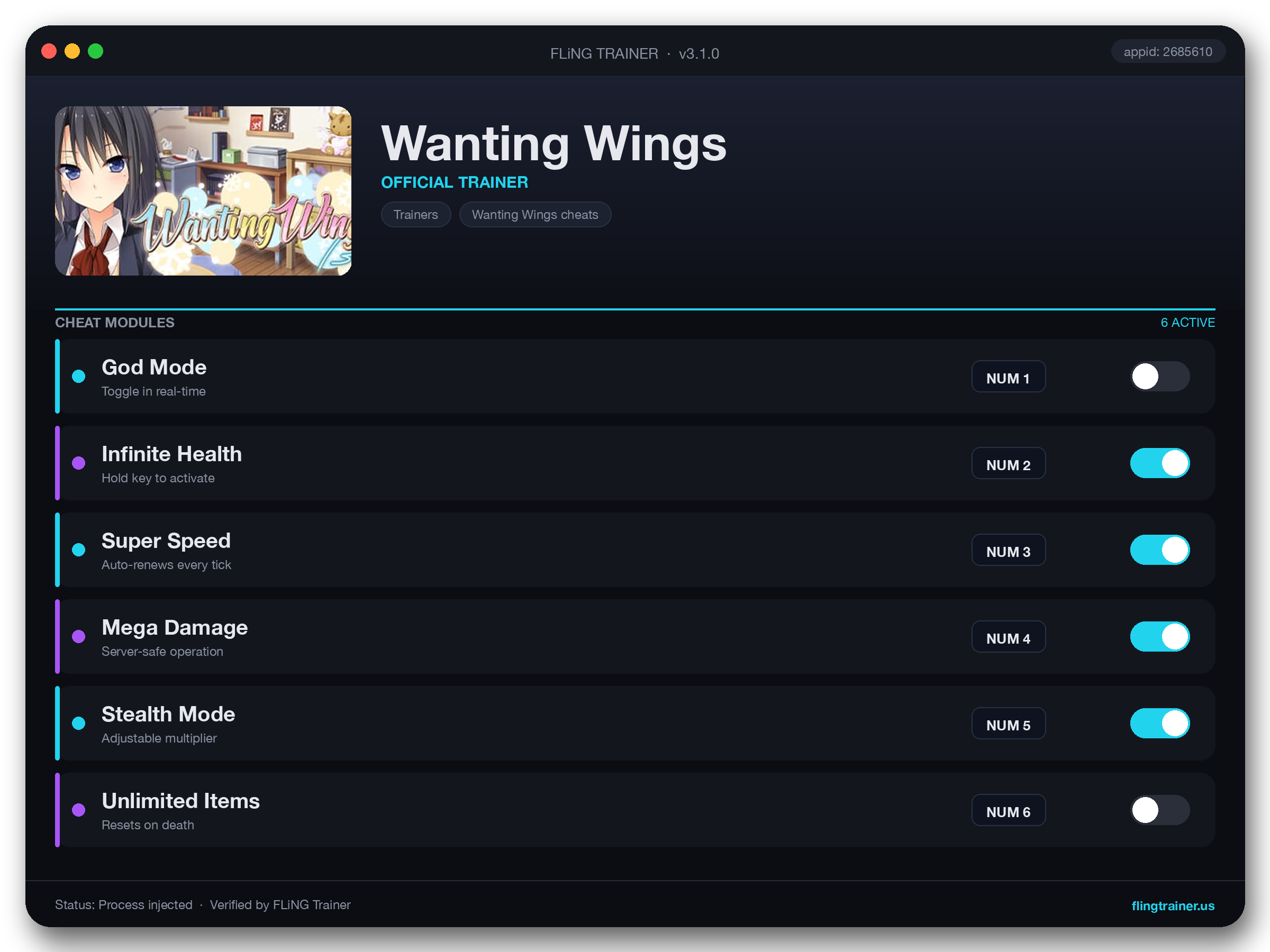 Wanting Wings Trainer interface