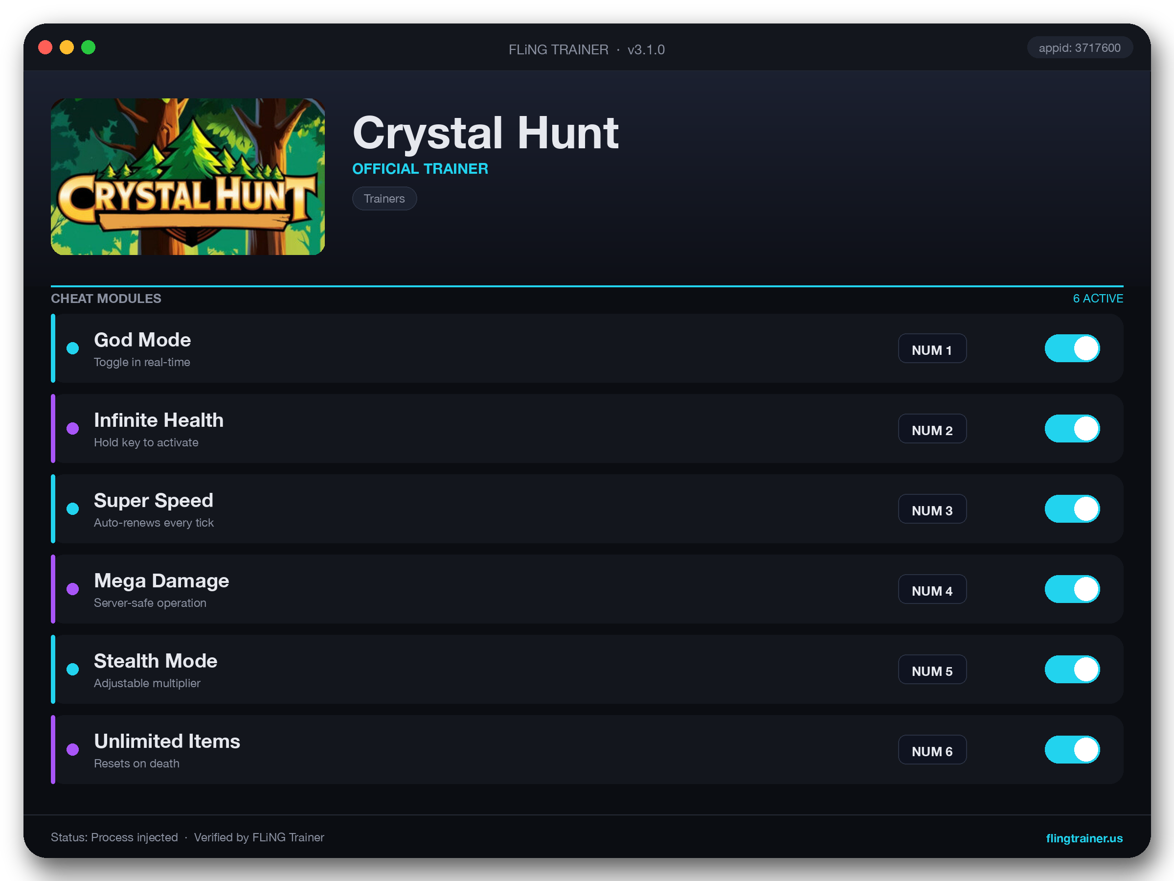 Crystal Hunt Trainer interface