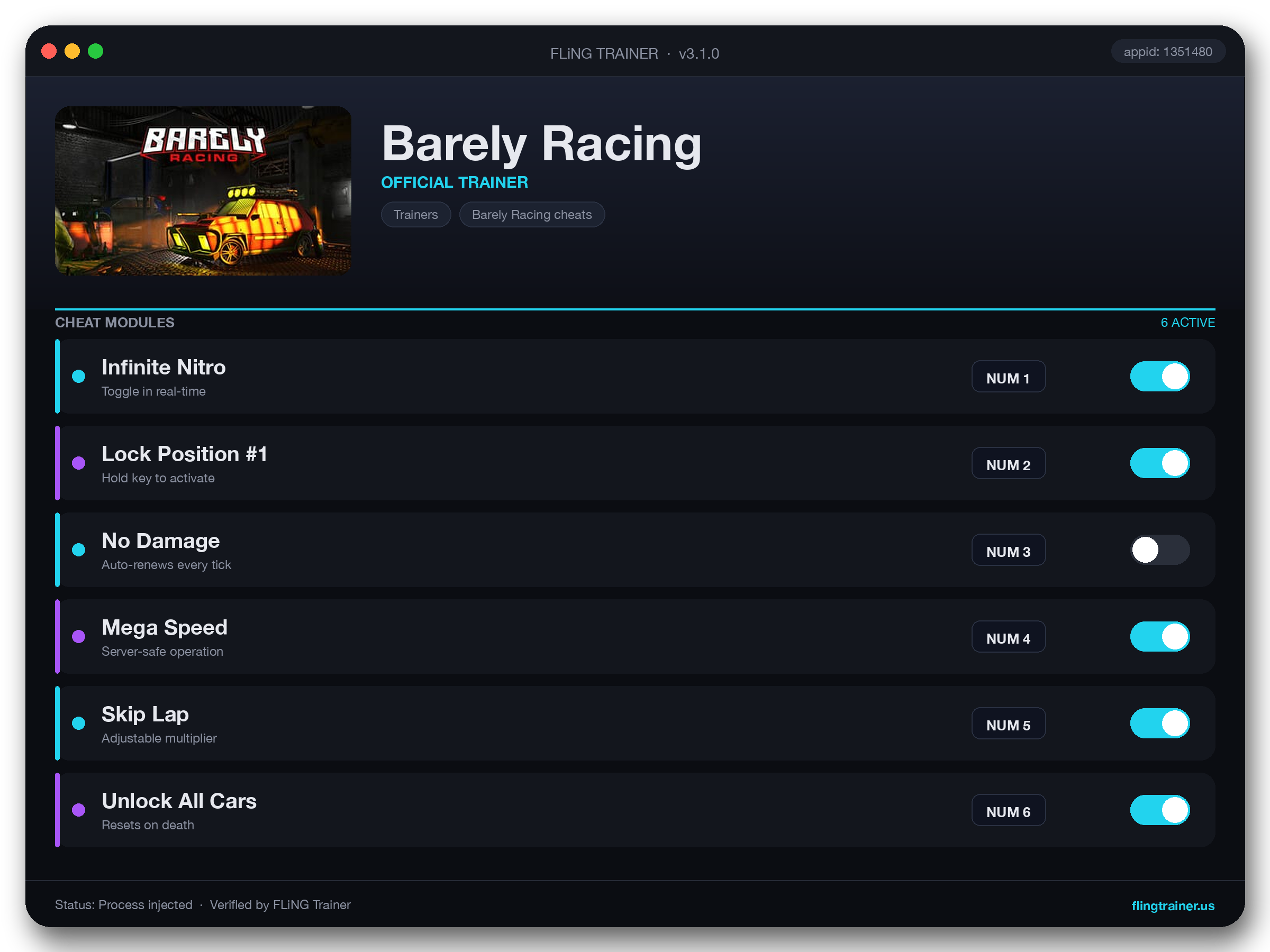 Barely Racing Trainer interface