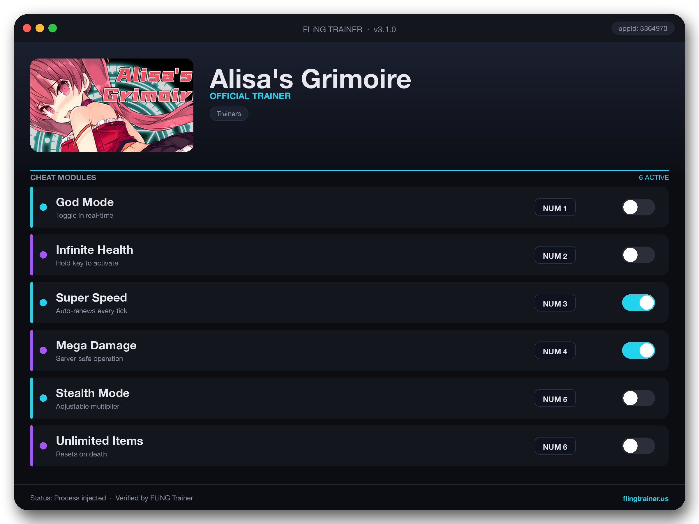 Alisa's Grimoire Trainer interface