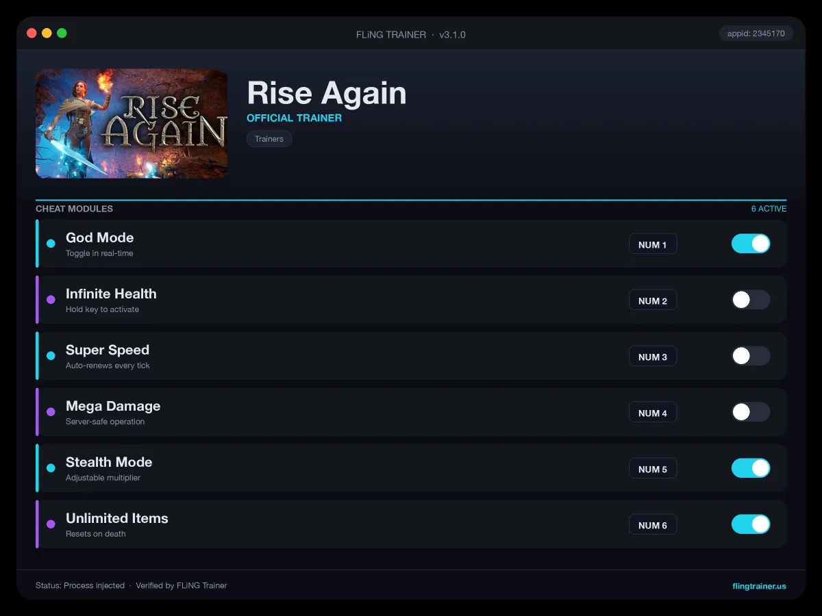 Rise Again Trainer interface