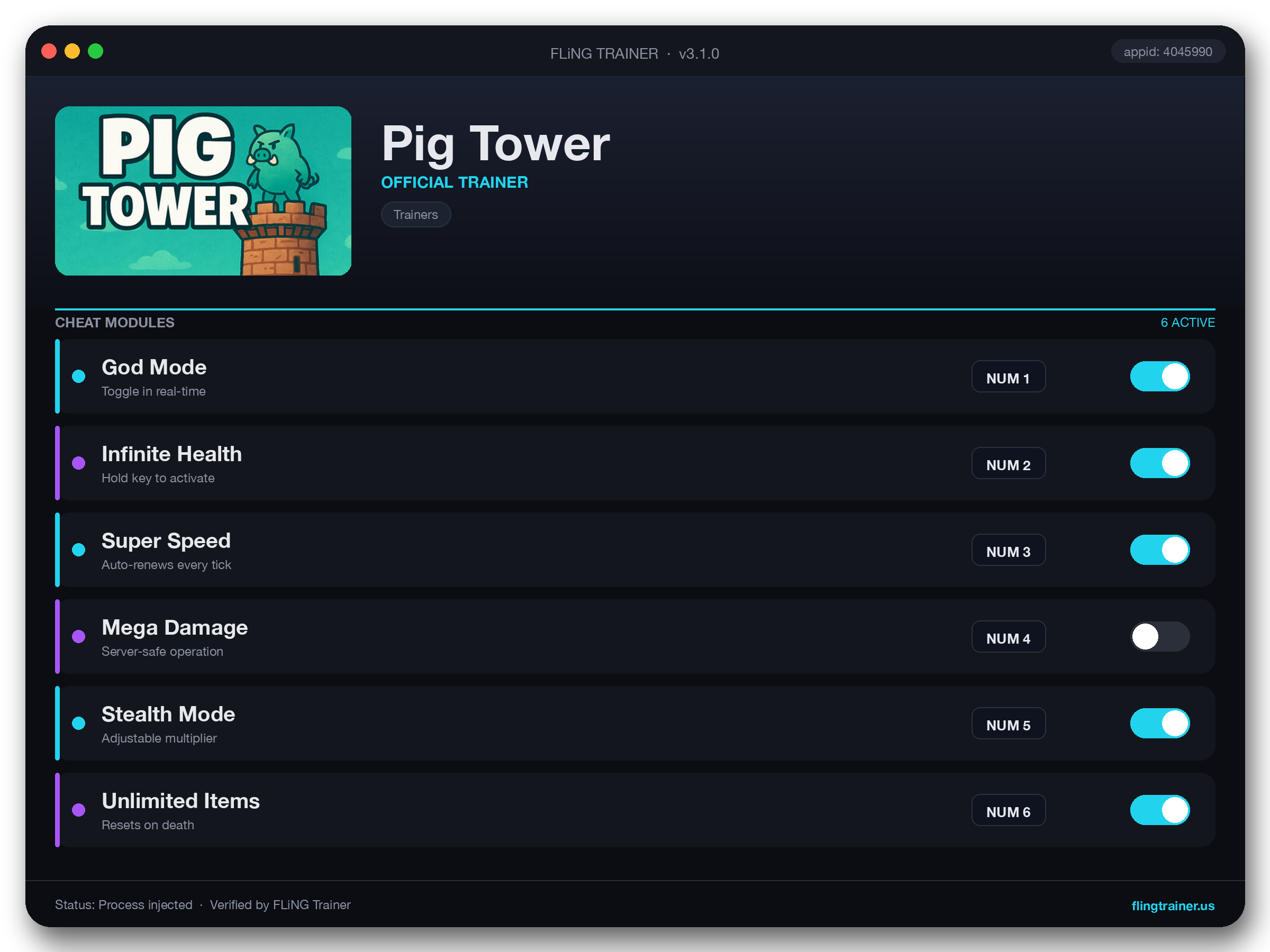Pig Tower Trainer interface