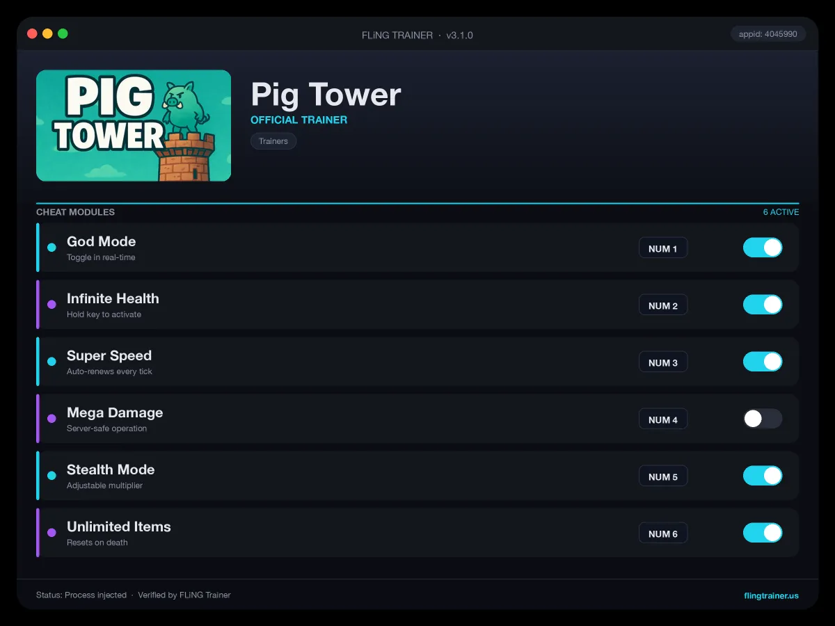 Pig Tower Trainer interface