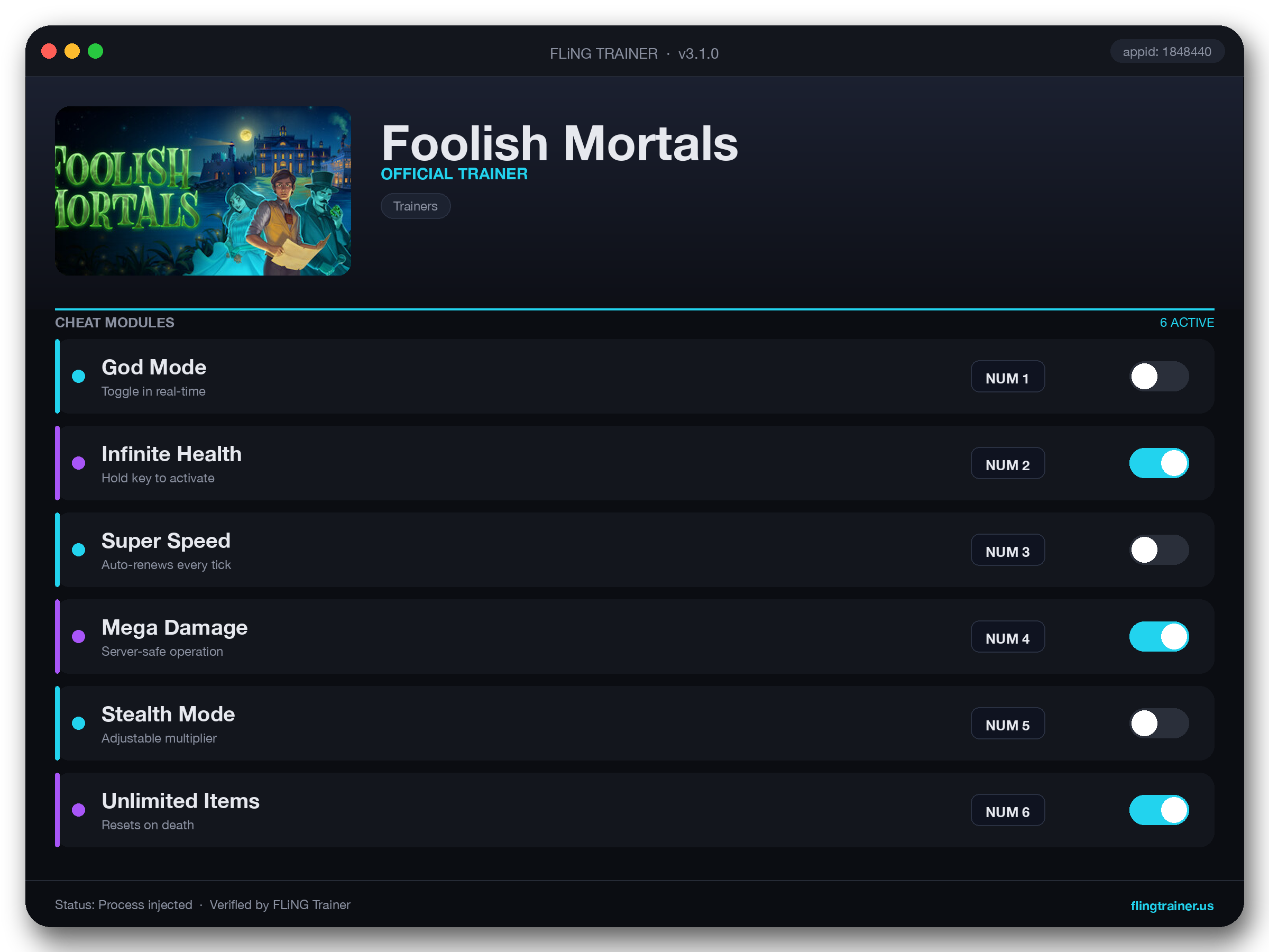 Foolish Mortals Trainer interface