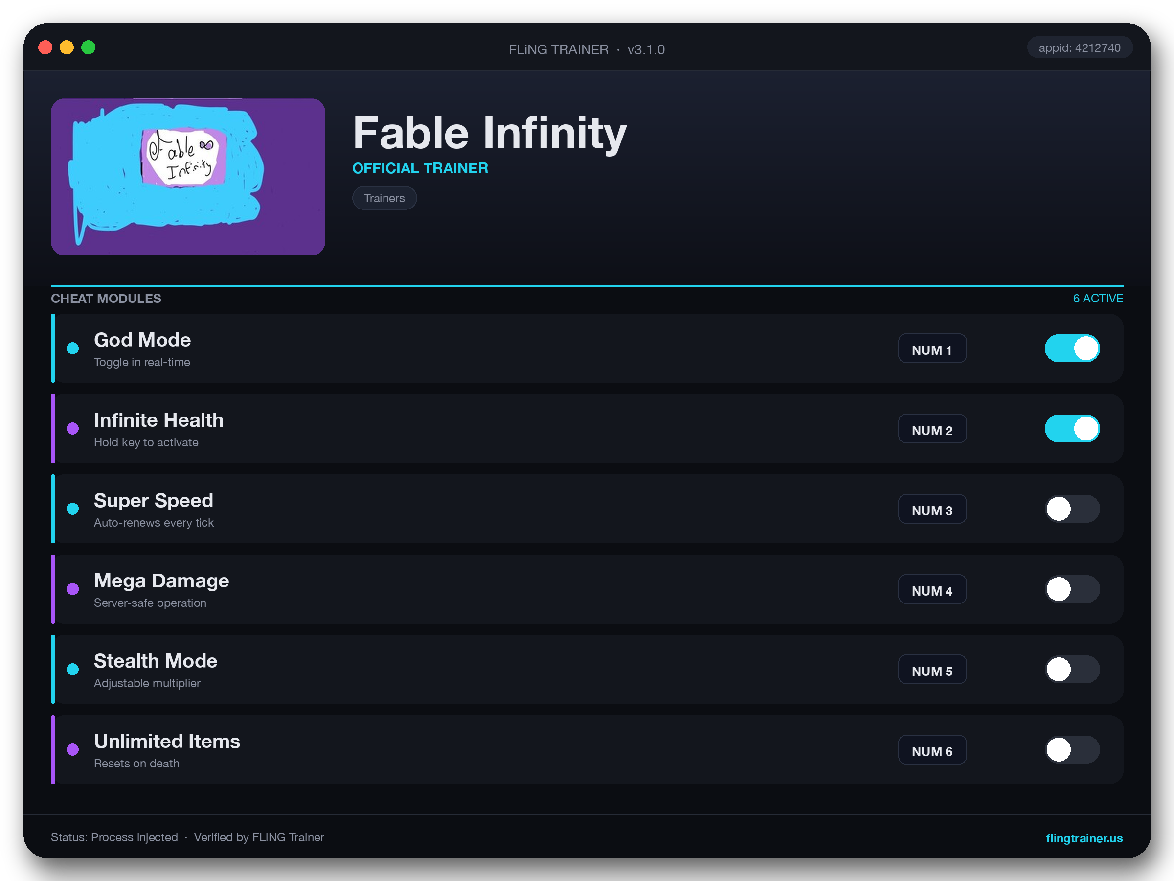 Fable Infinity Trainer interface