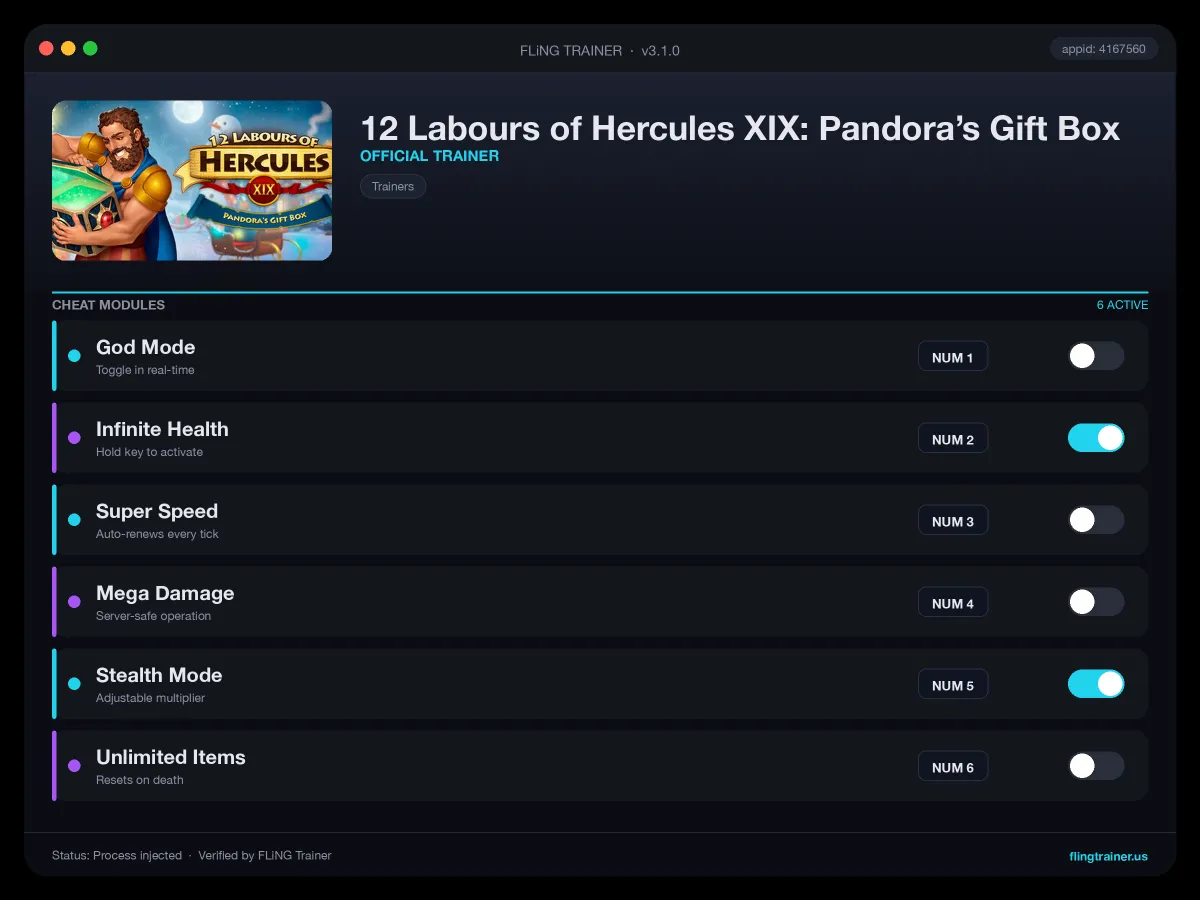 12 Labours of Hercules XIX: Pandora’s Gift Box Trainer interface