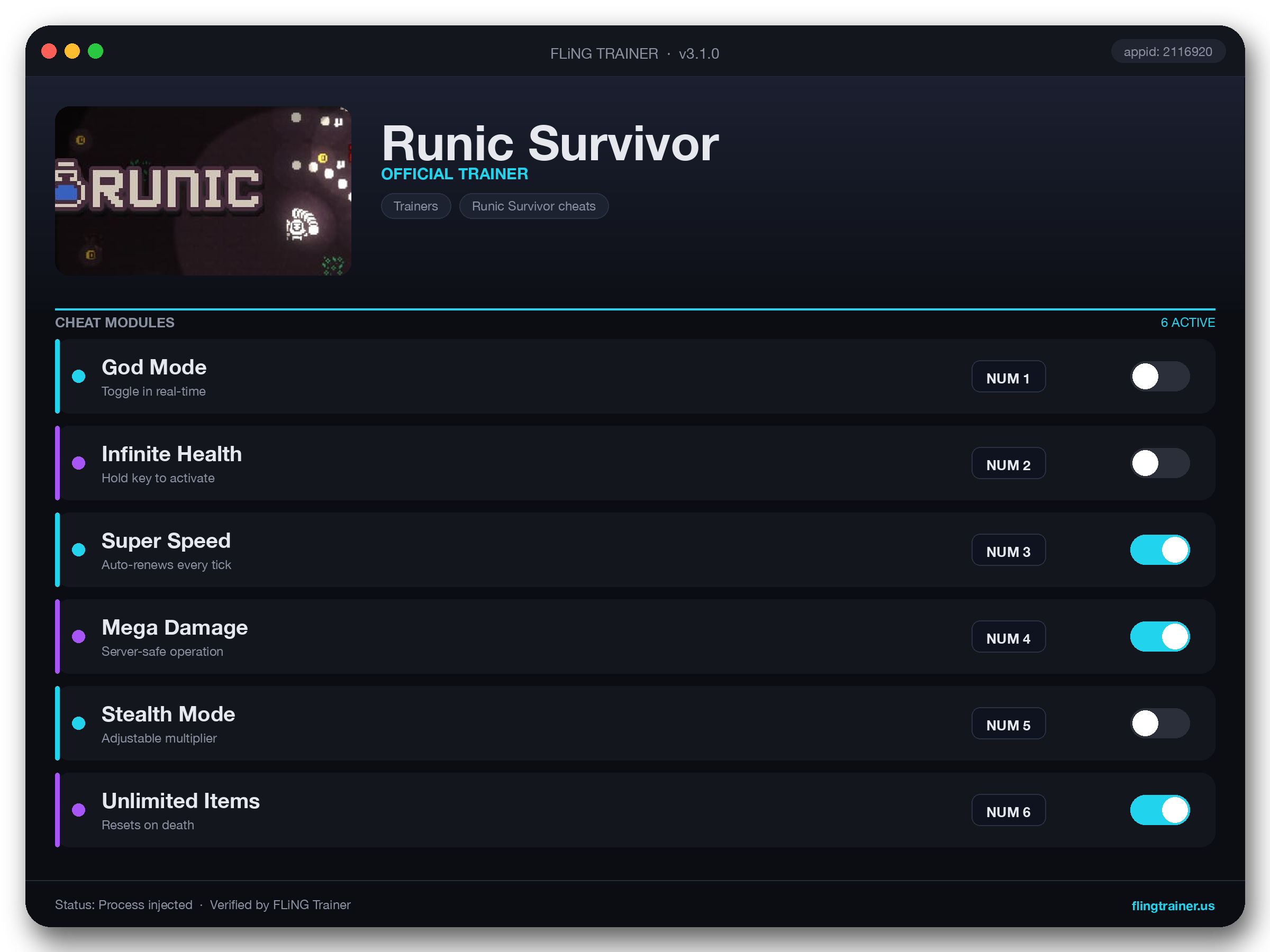 Runic Survivor Trainer interface
