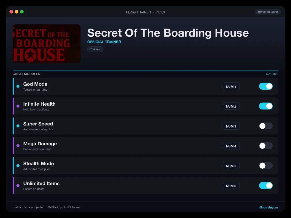 Secret Of The Boarding House Trainer interface