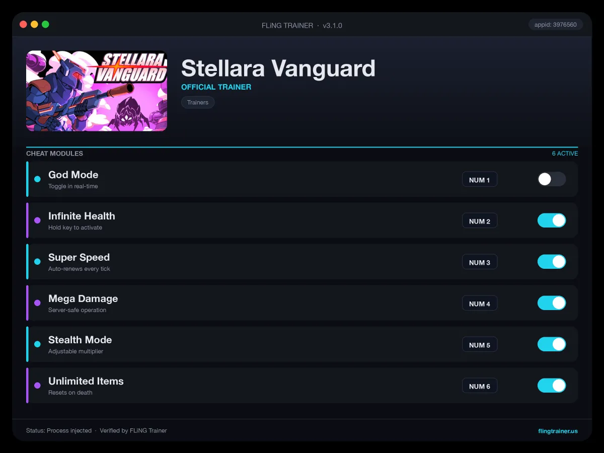 Stellara Vanguard Trainer interface