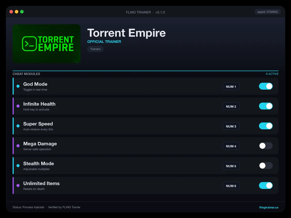 Torrent Empire Trainer interface