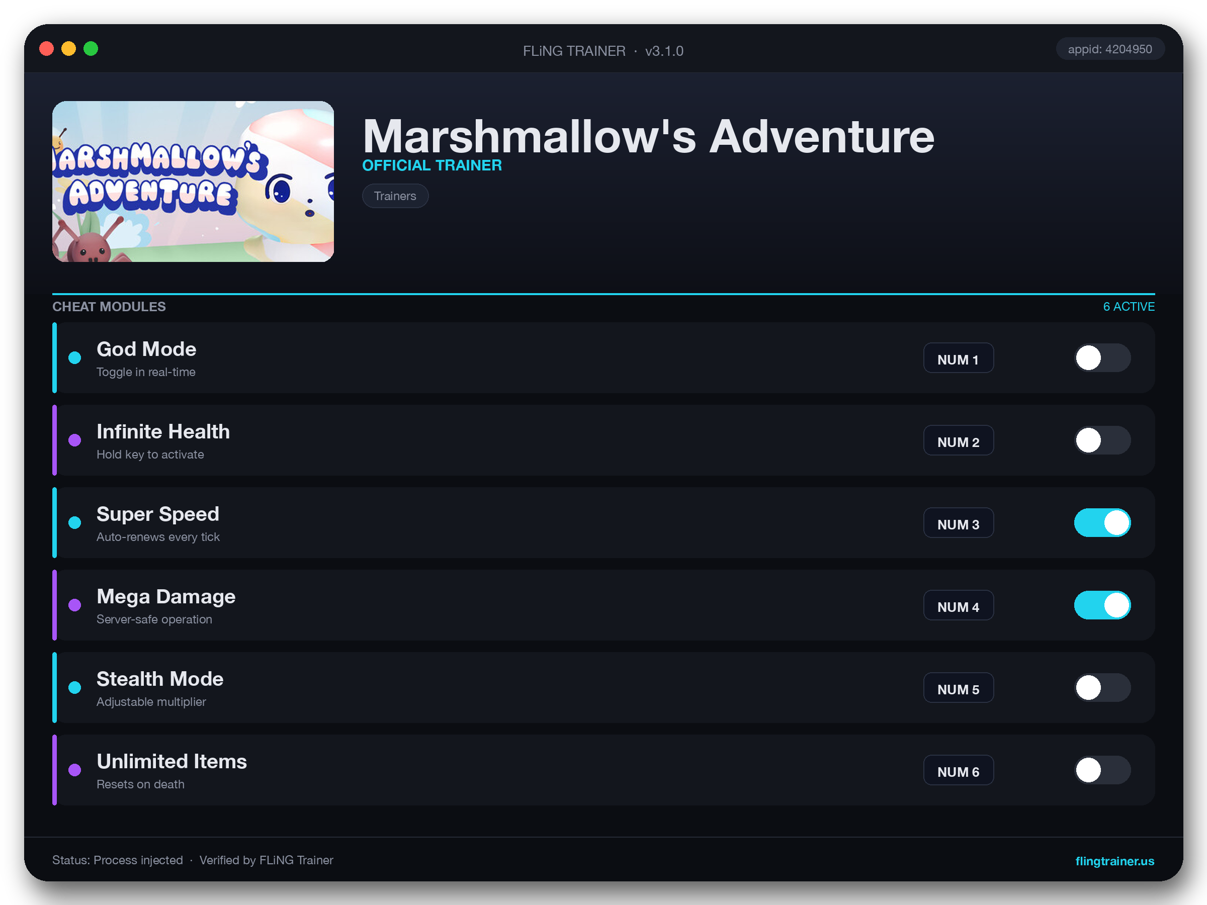 Marshmallow's Adventure Trainer interface