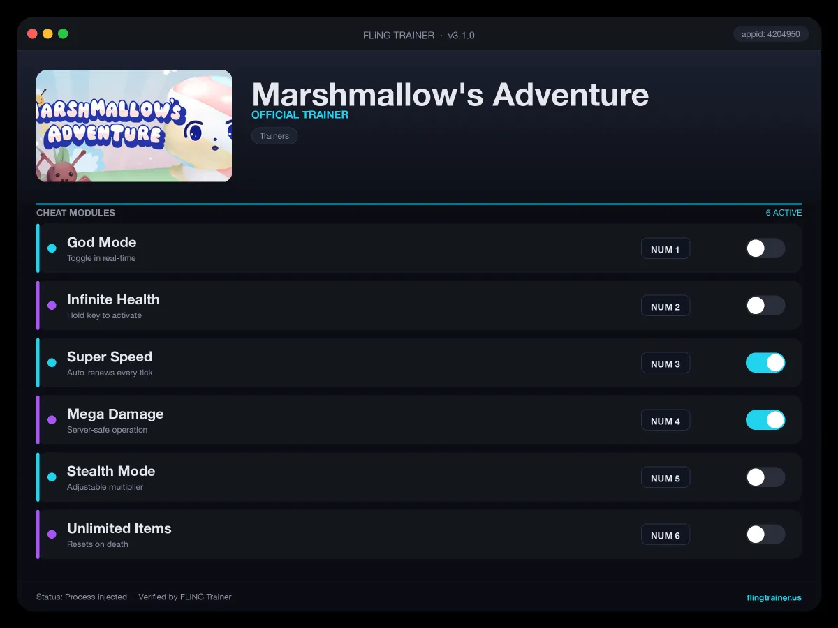 Marshmallow's Adventure Trainer interface