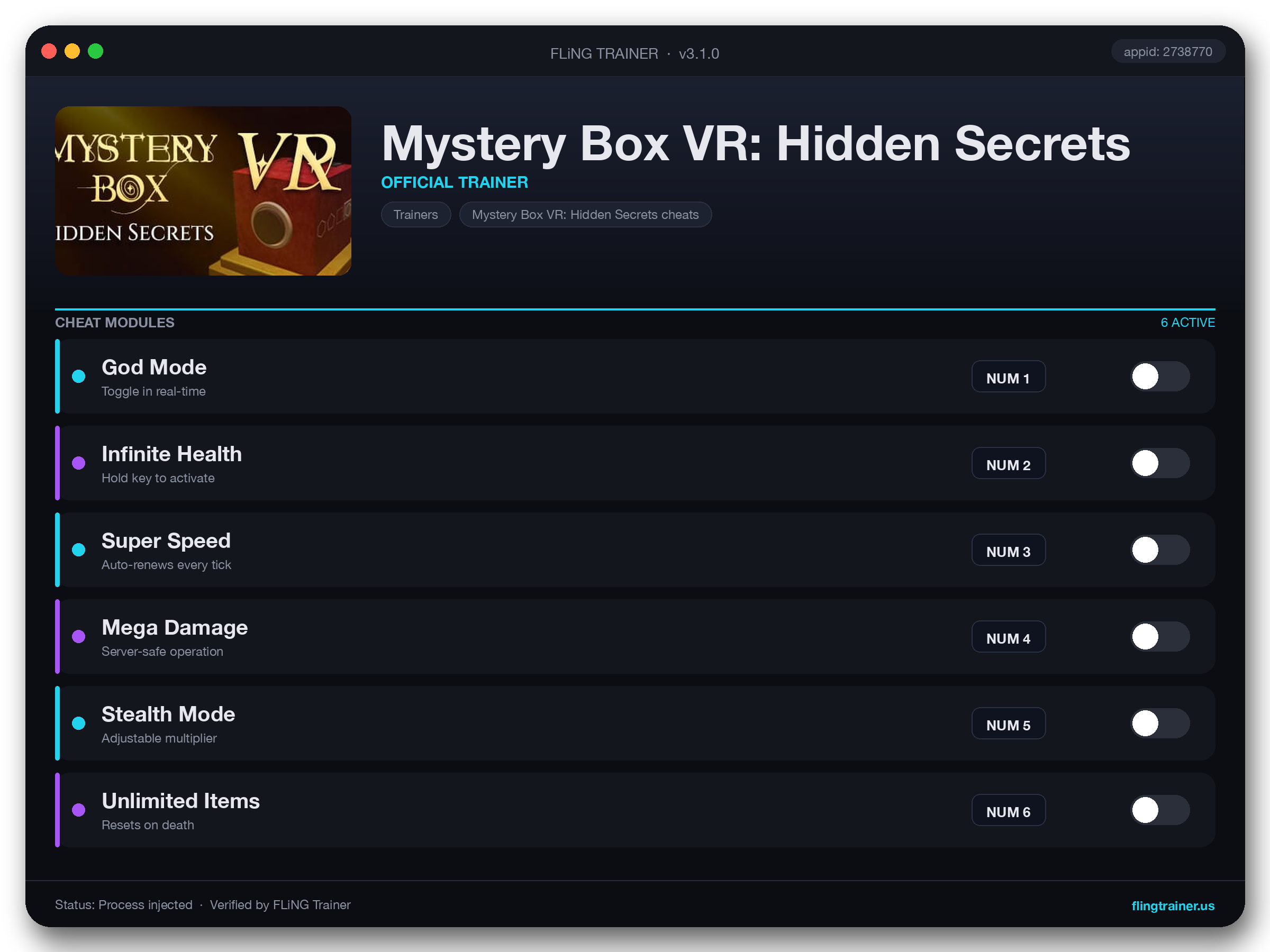 Mystery Box VR: Hidden Secrets Trainer interface