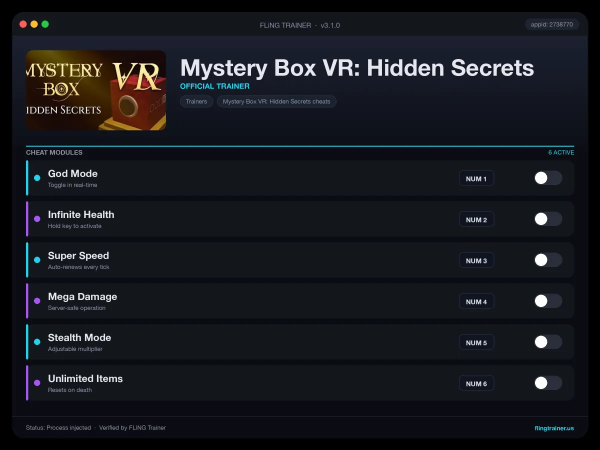 Mystery Box VR: Hidden Secrets Trainer interface
