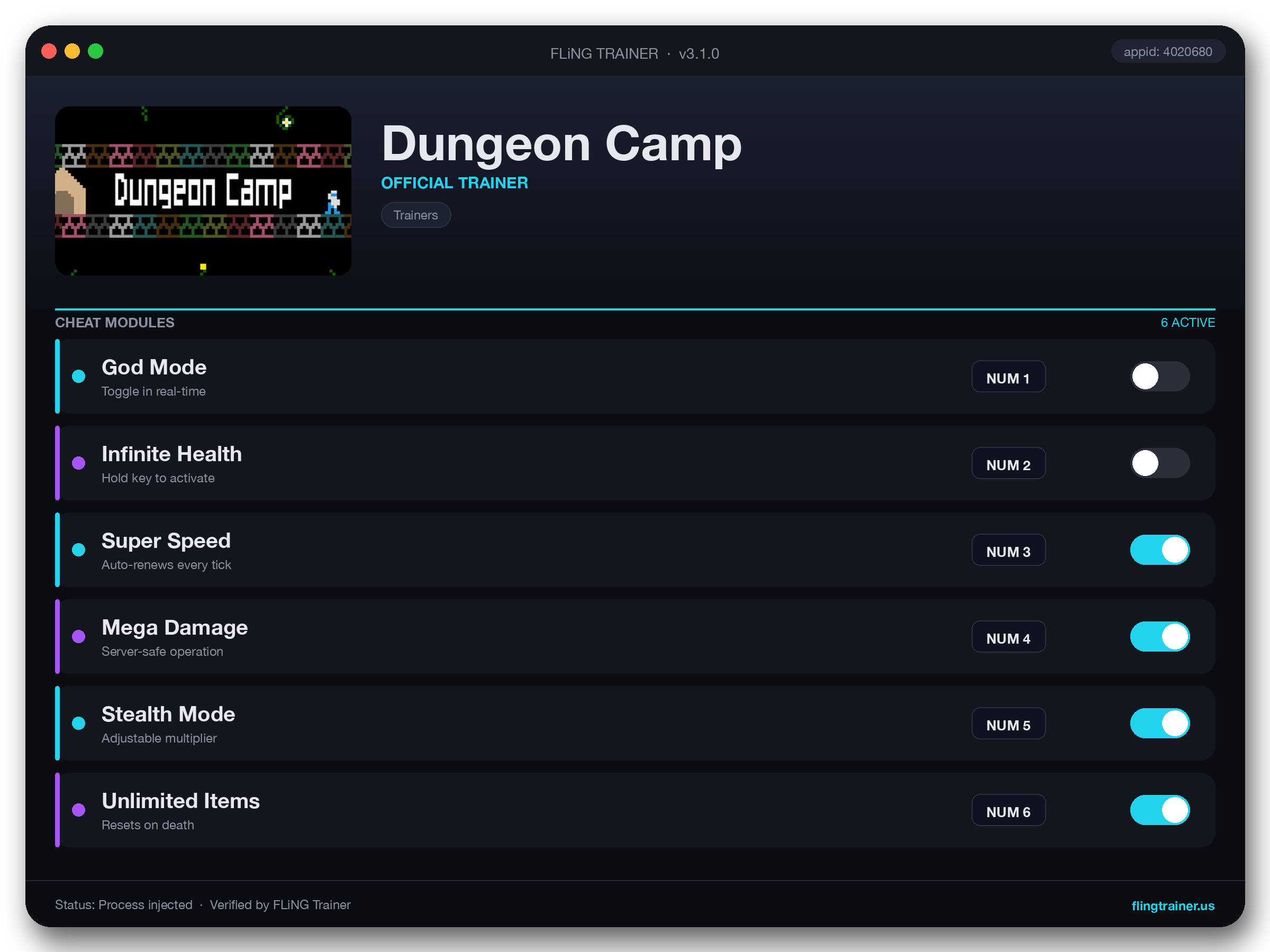 Dungeon Camp Trainer interface