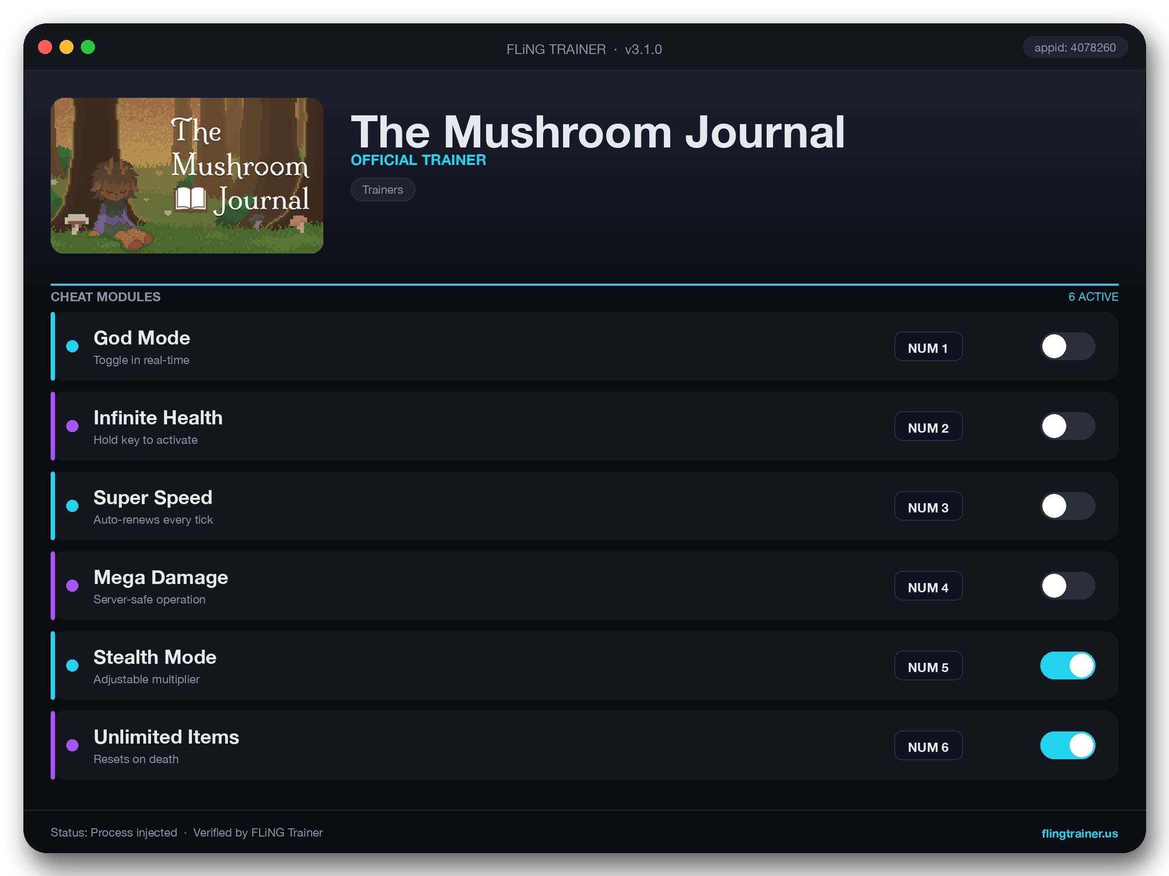 The Mushroom Journal Trainer interface