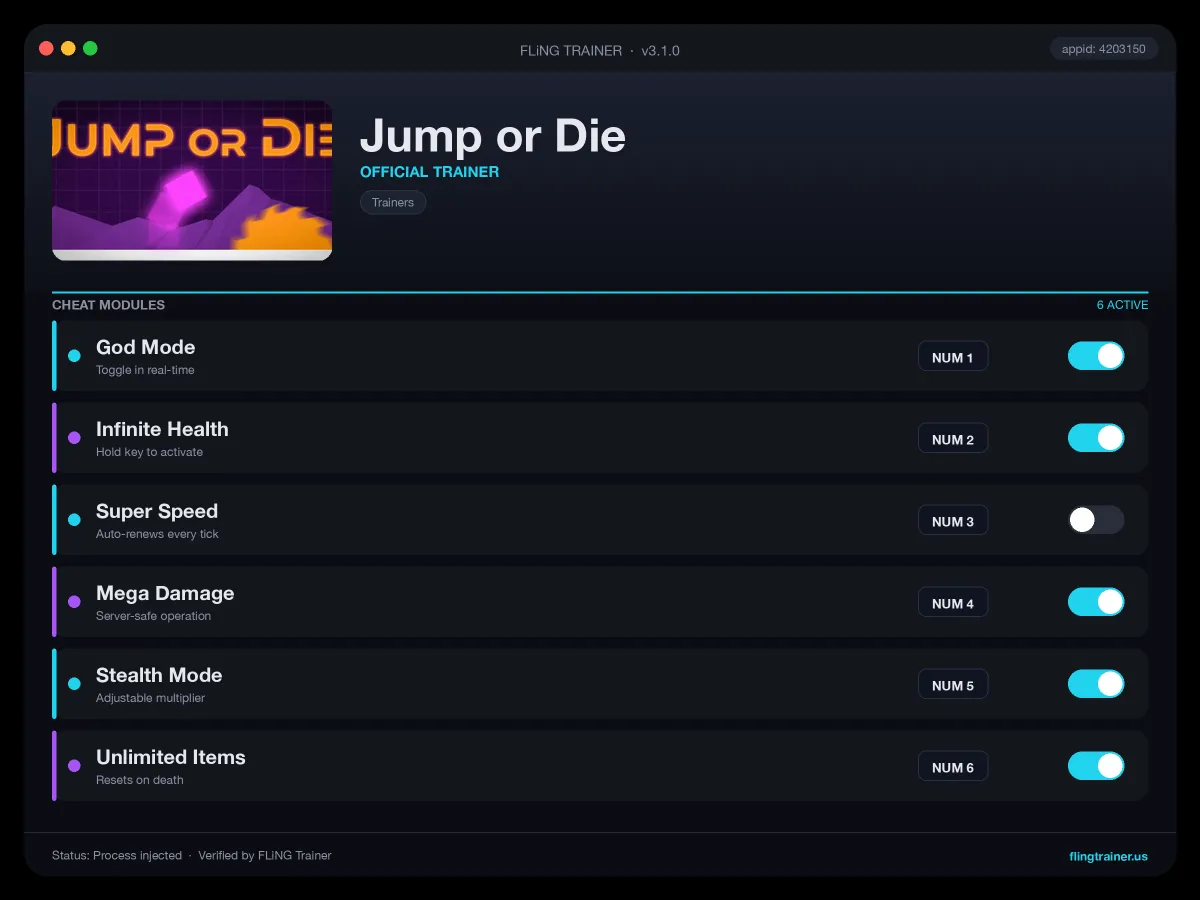 Jump or Die Trainer interface