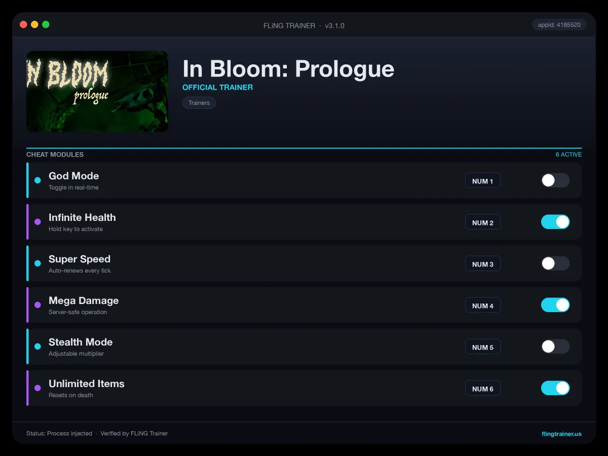 In Bloom: Prologue Trainer interface