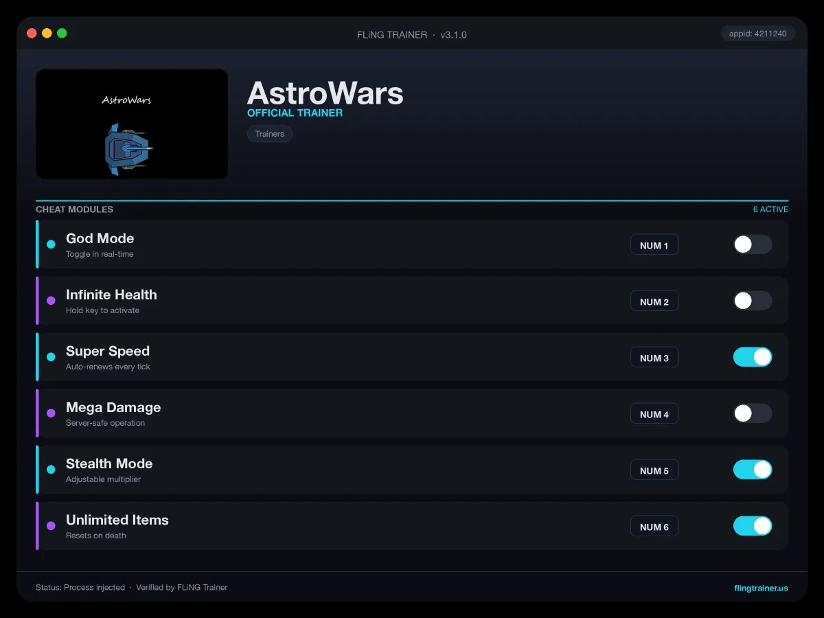 AstroWars Trainer interface