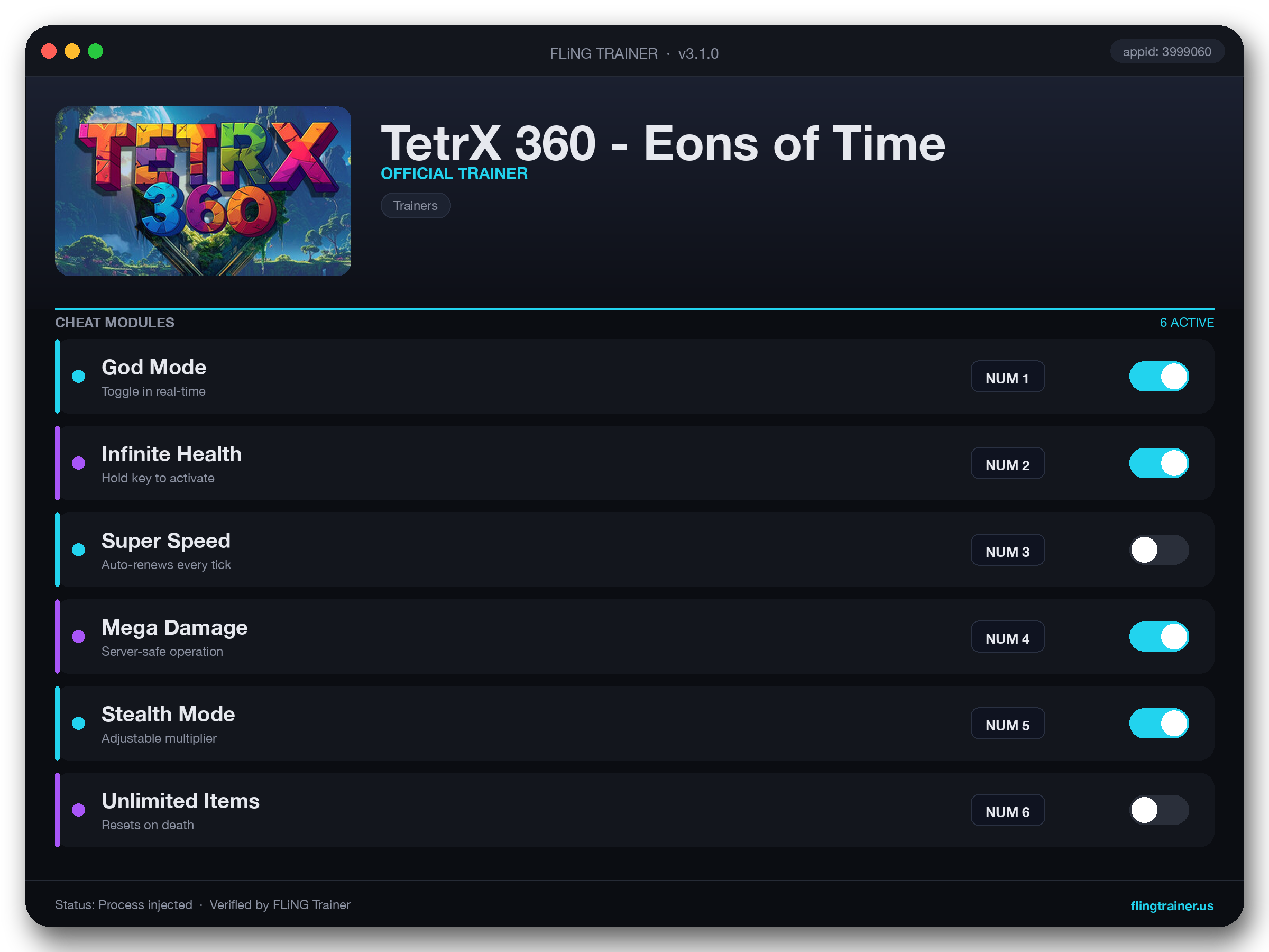 TetrX 360 - Eons of Time Trainer interface