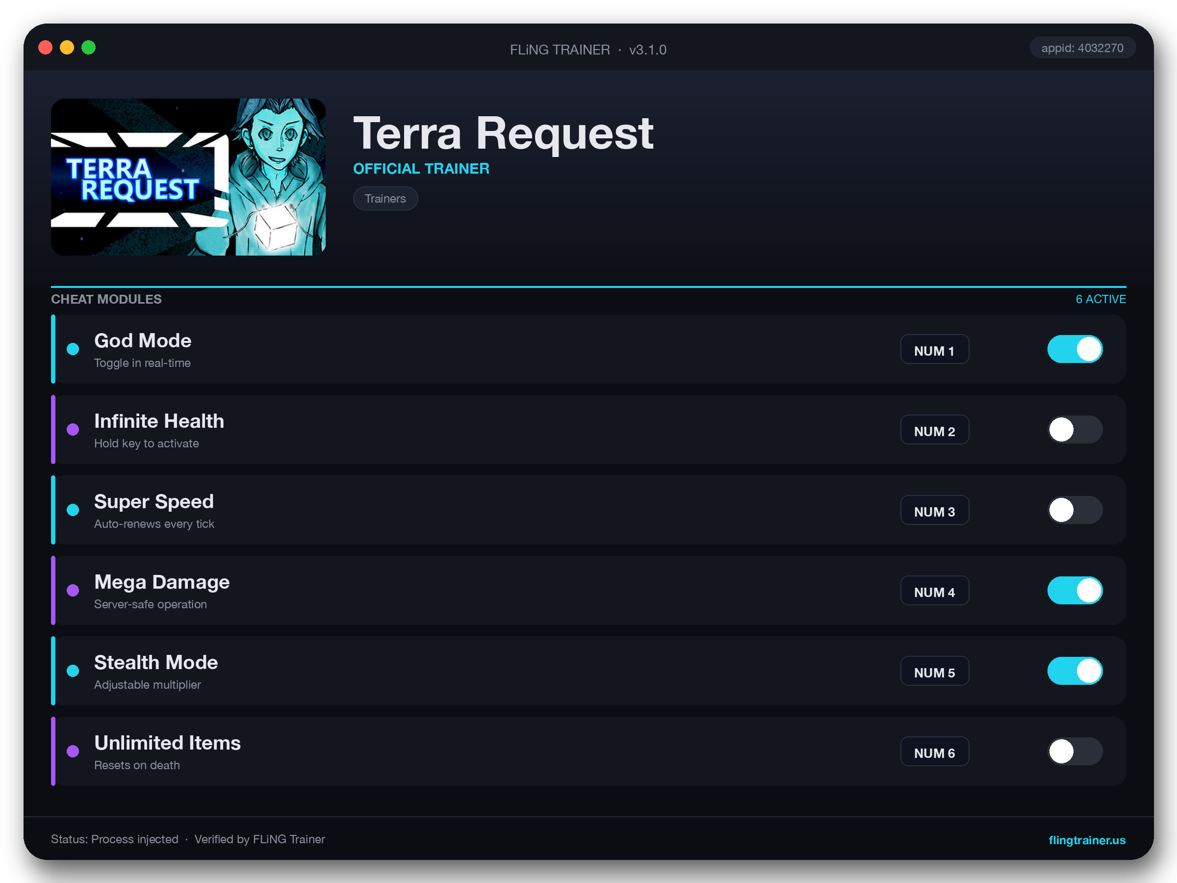 Terra Request Trainer interface